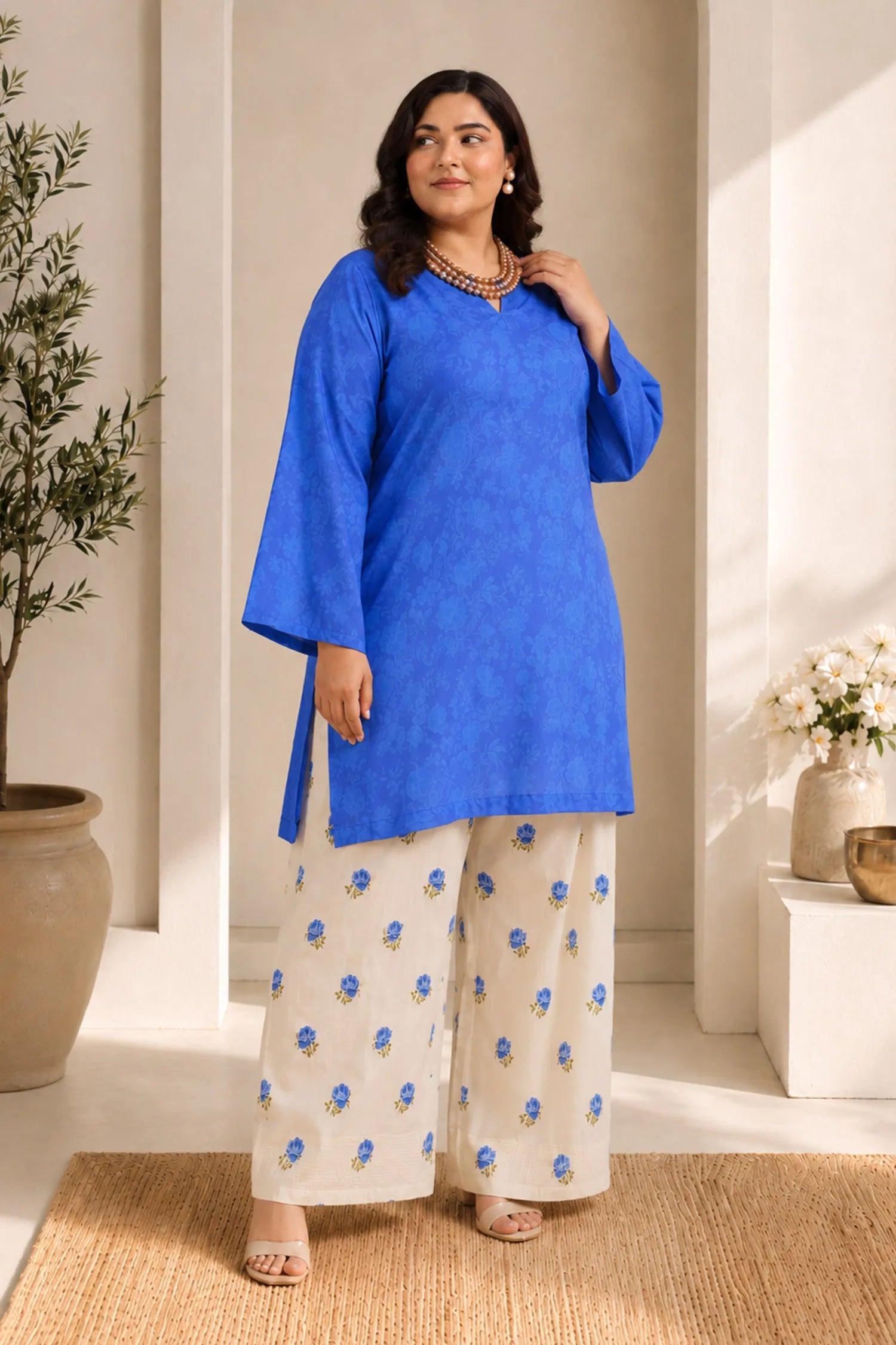 Plus Size - Blue Printed Lawn Cotton Co-ord Set with Farsi Pants