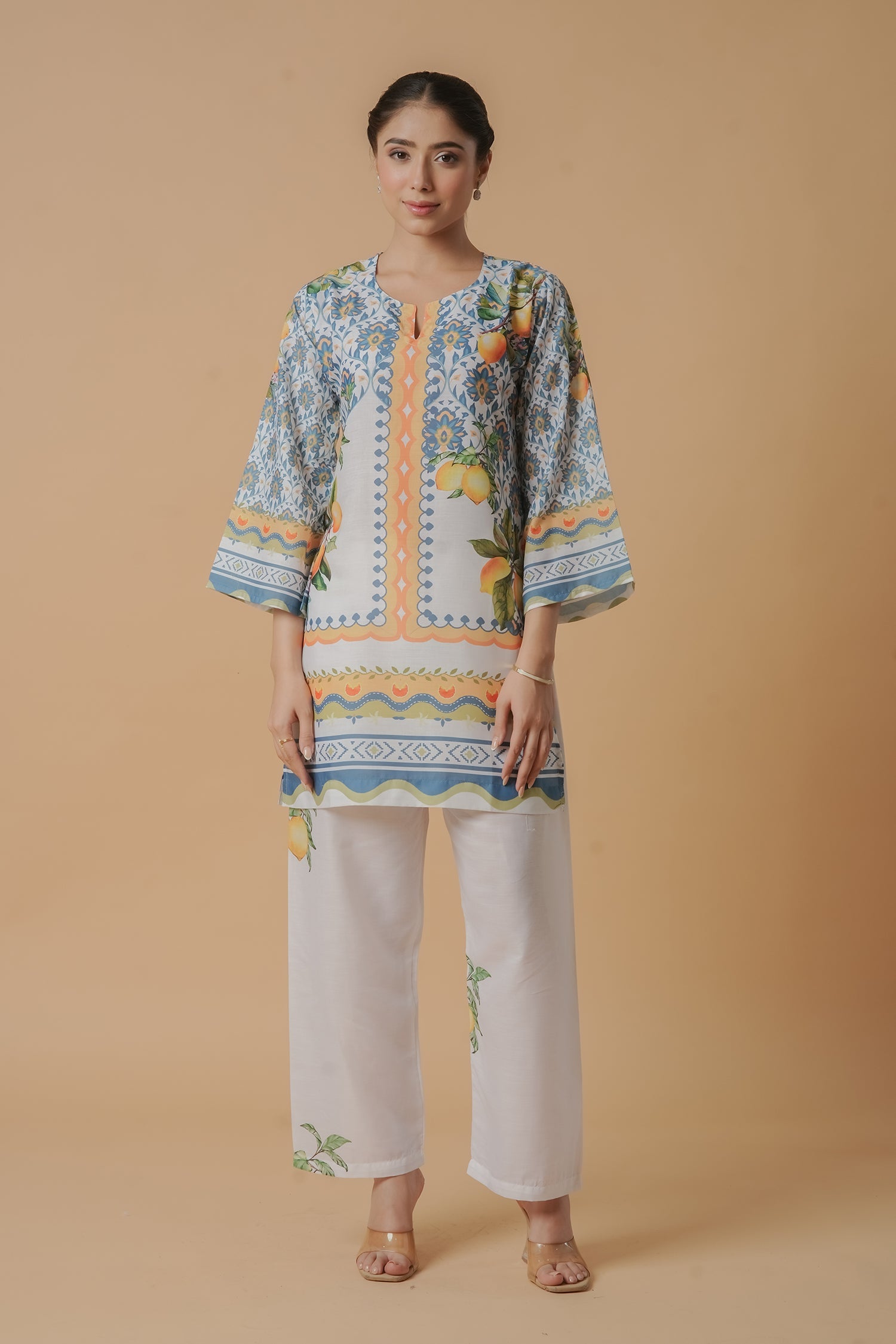 Lawn Cotton Printkari Co-ord Set – White with Citrus Blue Print With Straight pant