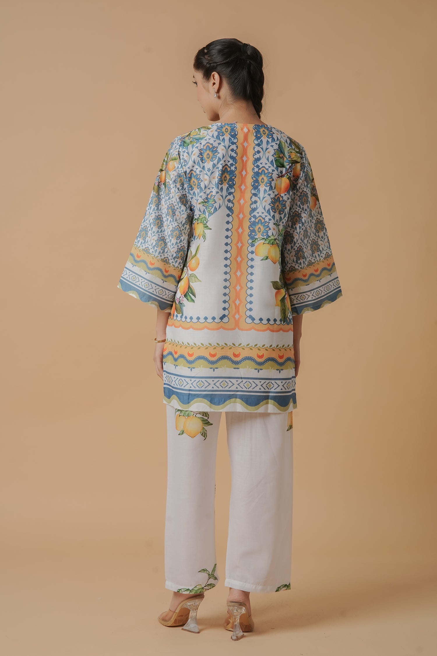 Lawn Cotton Printkari Co-ord Set – White with Citrus Blue Print With Straight pant