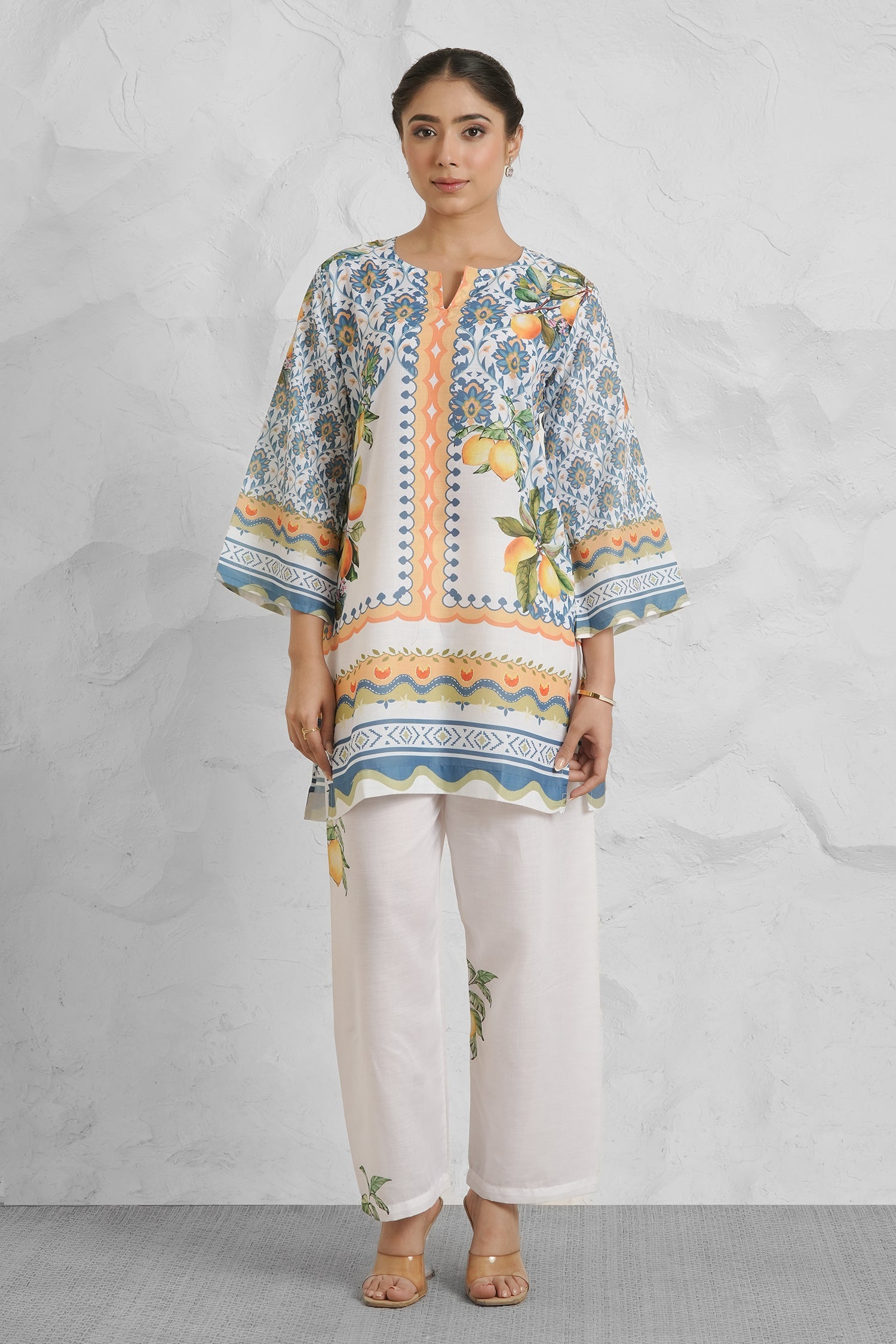 Lawn Cotton Printkari Co-ord Set – White with Citrus Blue Print With Straight pant