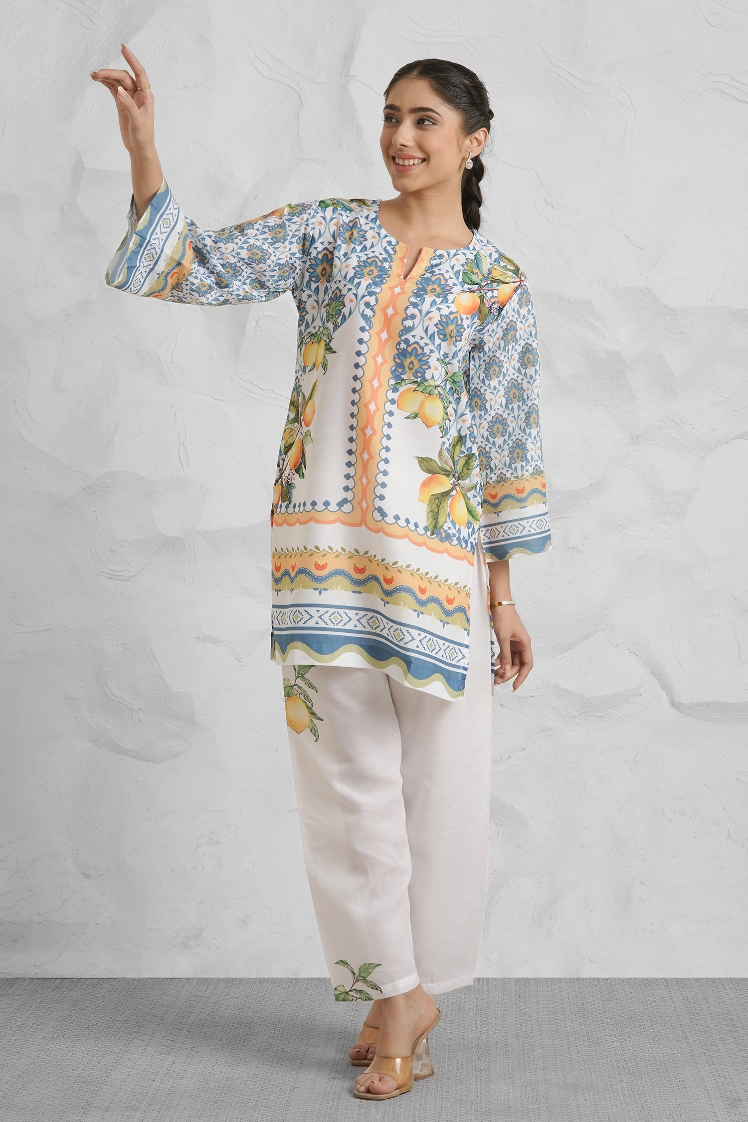 Lawn Cotton Printkari Co-ord Set – White with Citrus Blue Print With Straight pant