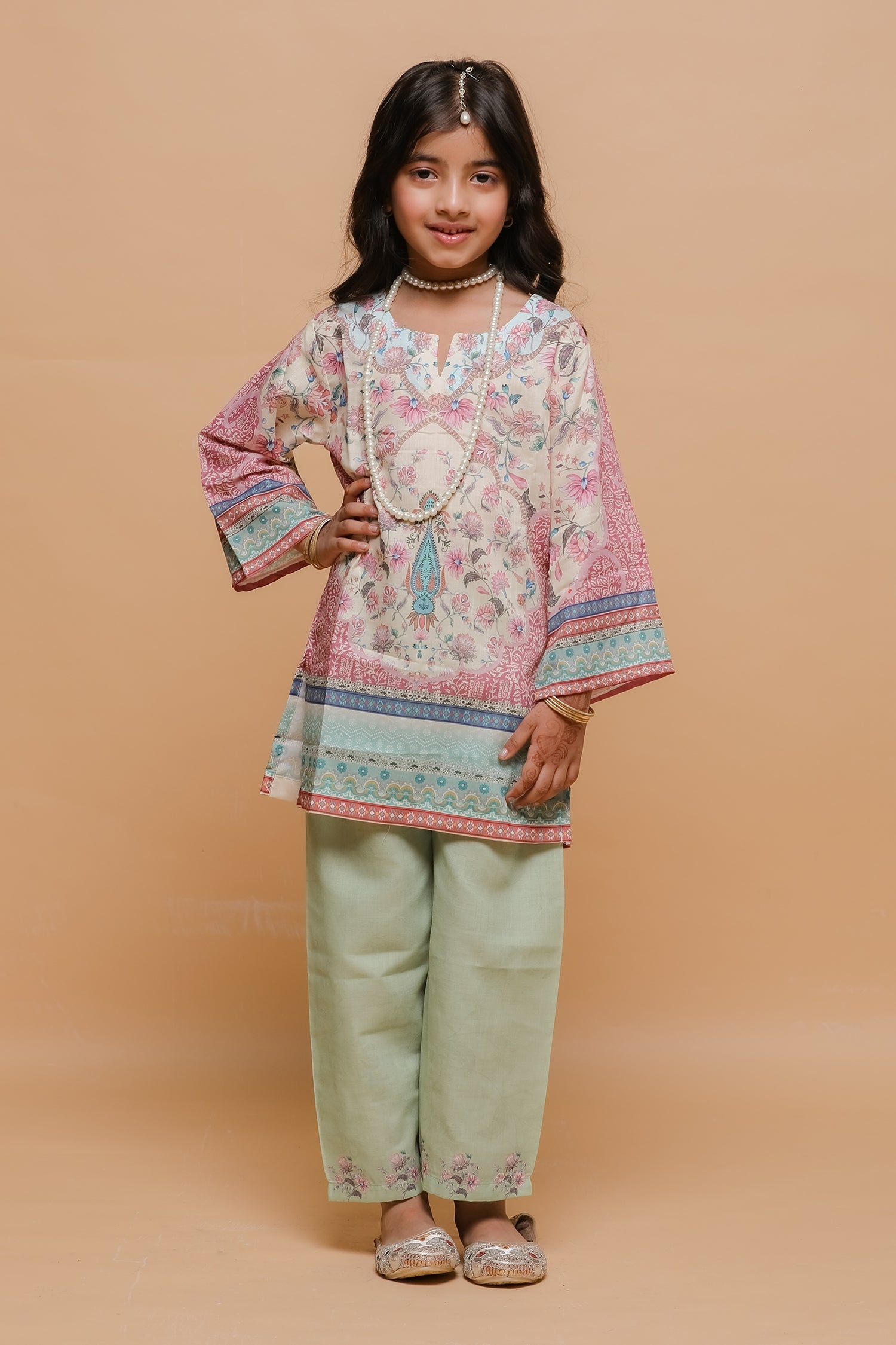 Kids Floral Printed Lawn Cotton Co-ord Set in Cream & Mint Green