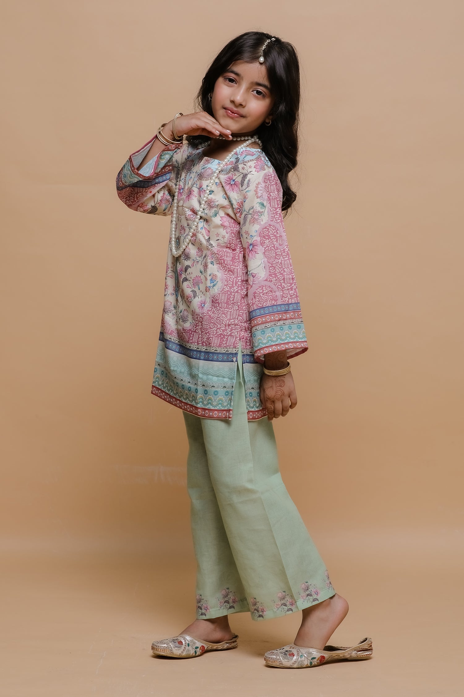 Kids Floral Printed Lawn Cotton Co-ord Set in Cream & Mint Green