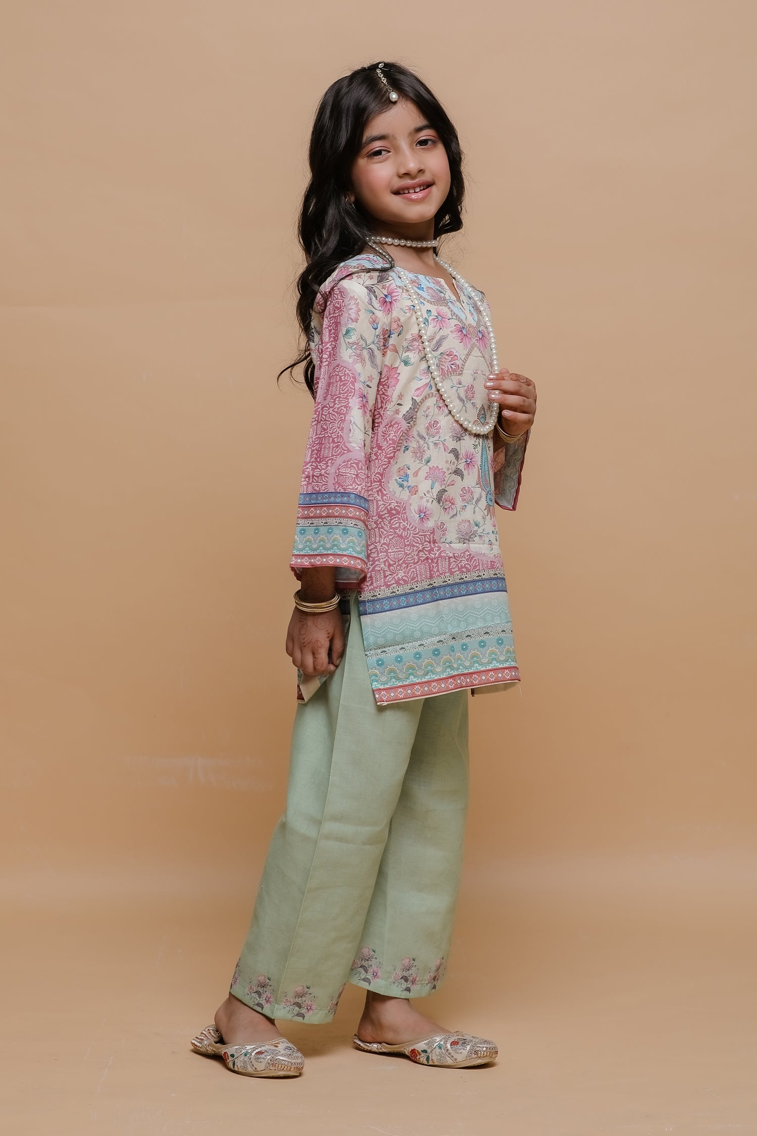 Kids Floral Printed Lawn Cotton Co-ord Set in Cream & Mint Green