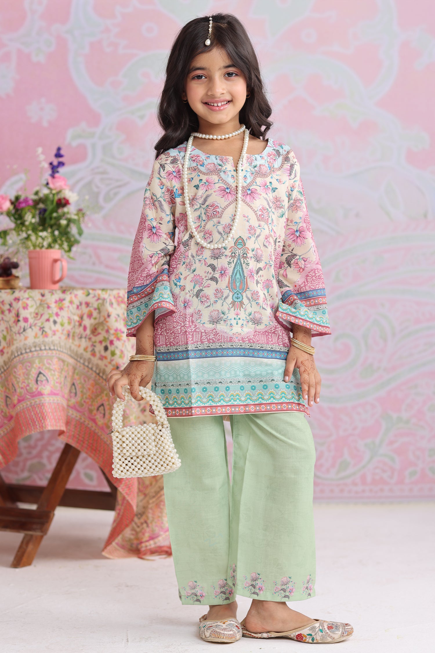 Kids Floral Printed Lawn Cotton Co-ord Set in Cream & Mint Green