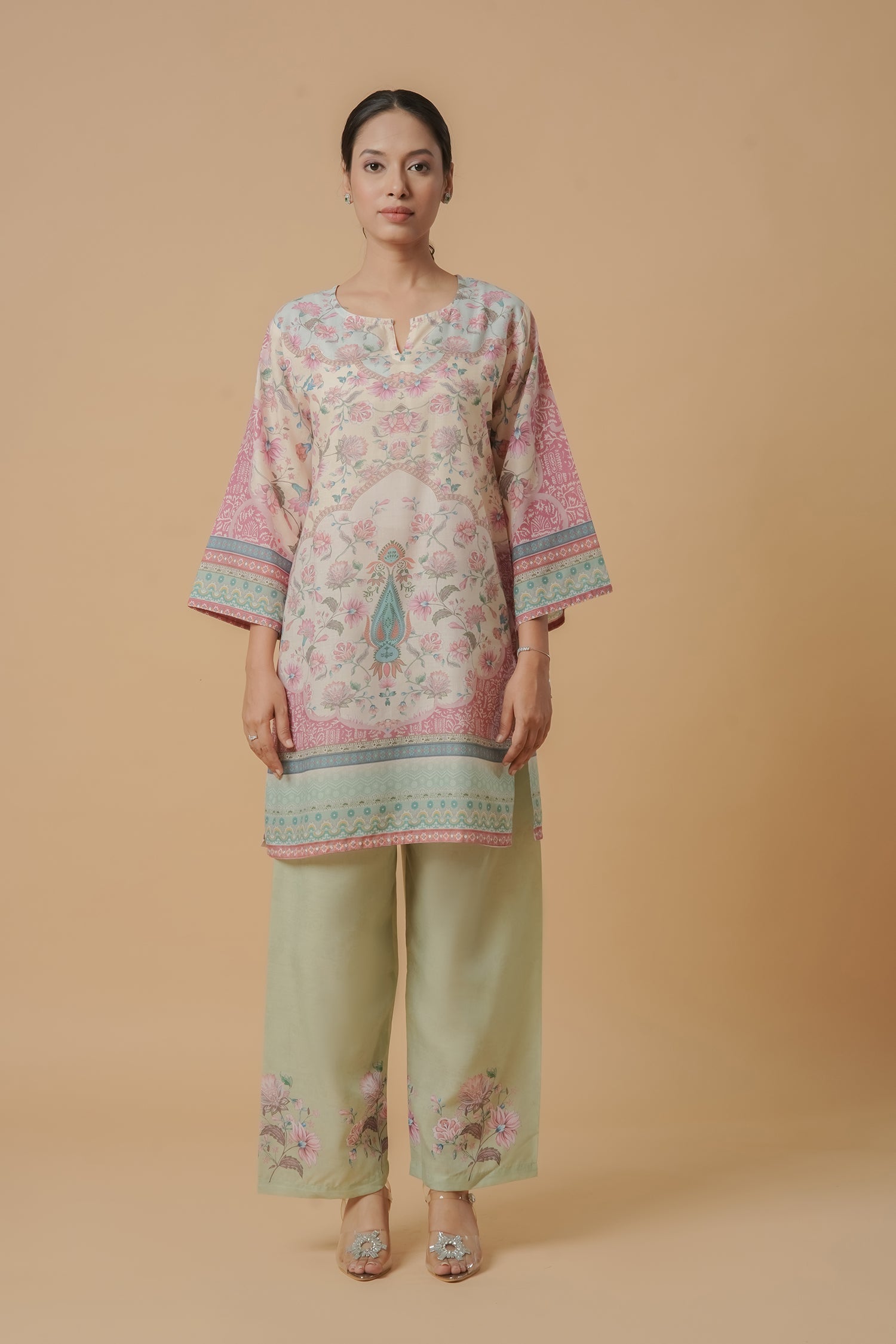 Lawn Cotton Printkari Co-ord Set – Ivory Pastel Floral with Straight Pant