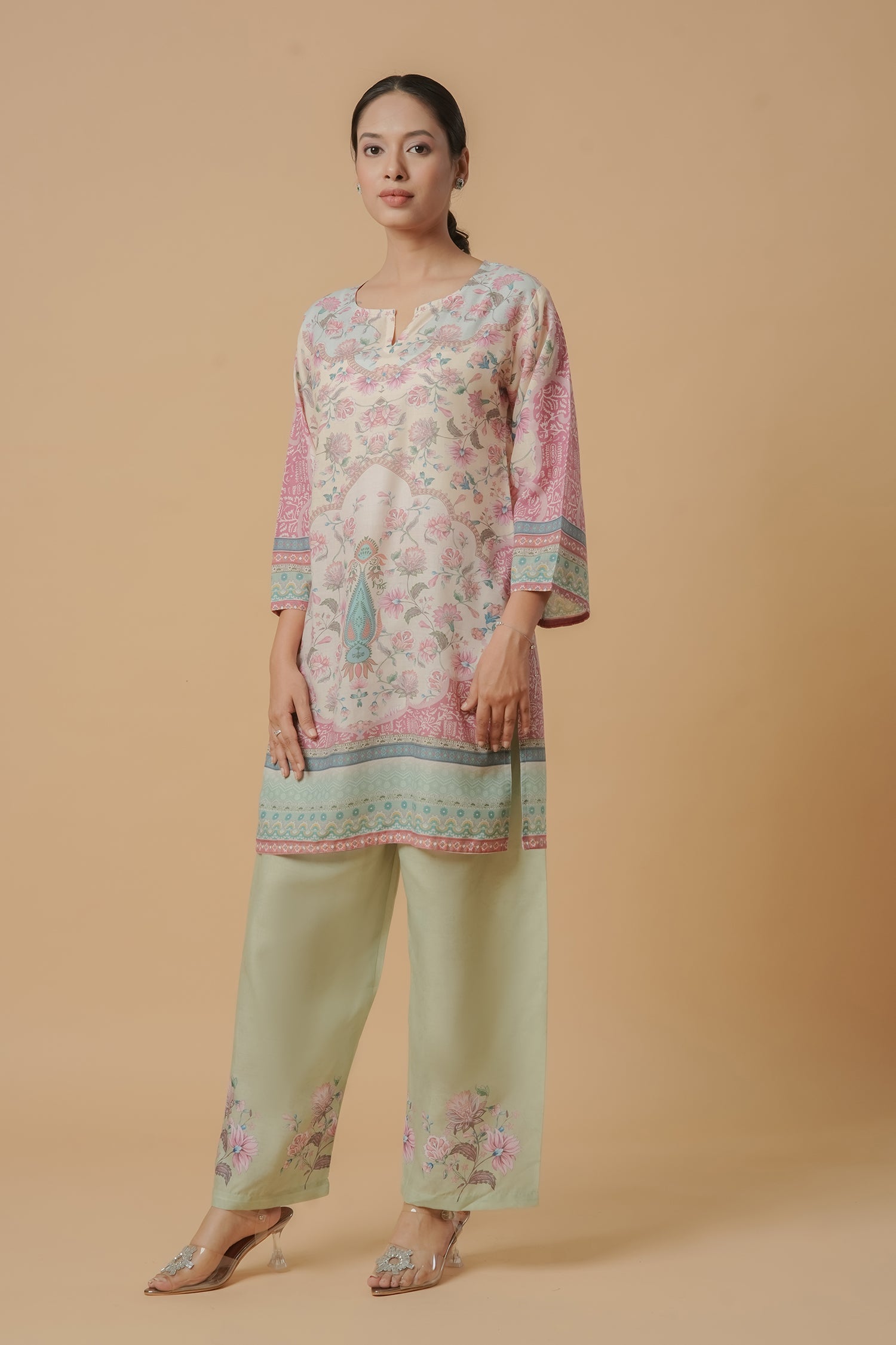 Lawn Cotton Printkari Co-ord Set – Ivory Pastel Floral with Straight Pant