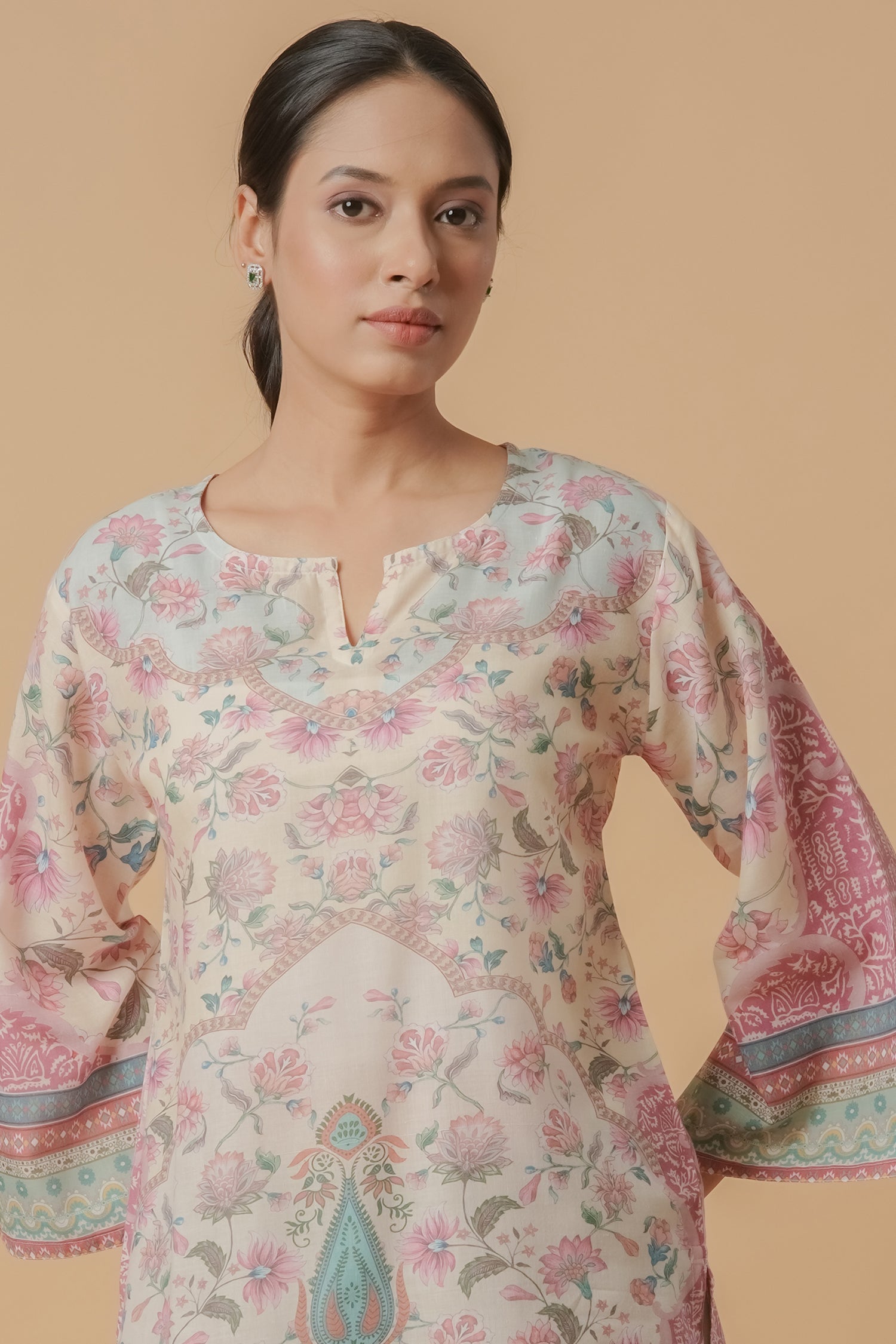 Lawn Cotton Printkari Co-ord Set – Ivory Pastel Floral with Straight Pant