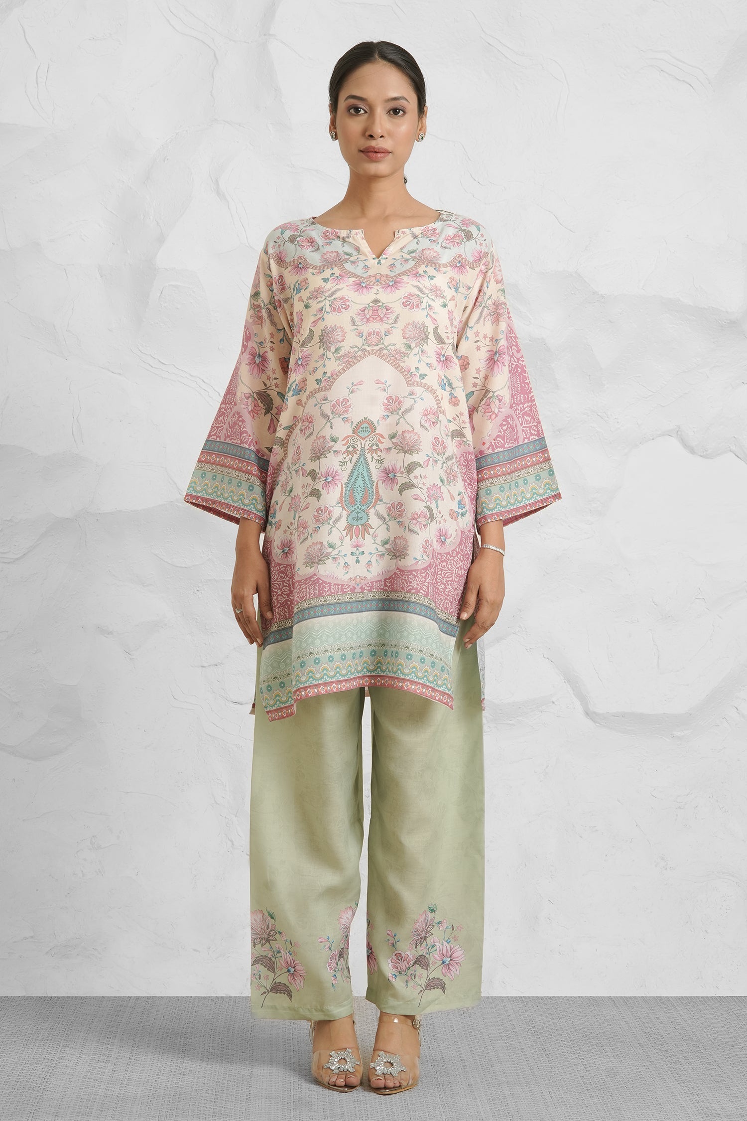 Lawn Cotton Printkari Co-ord Set – Ivory Pastel Floral with Straight Pant