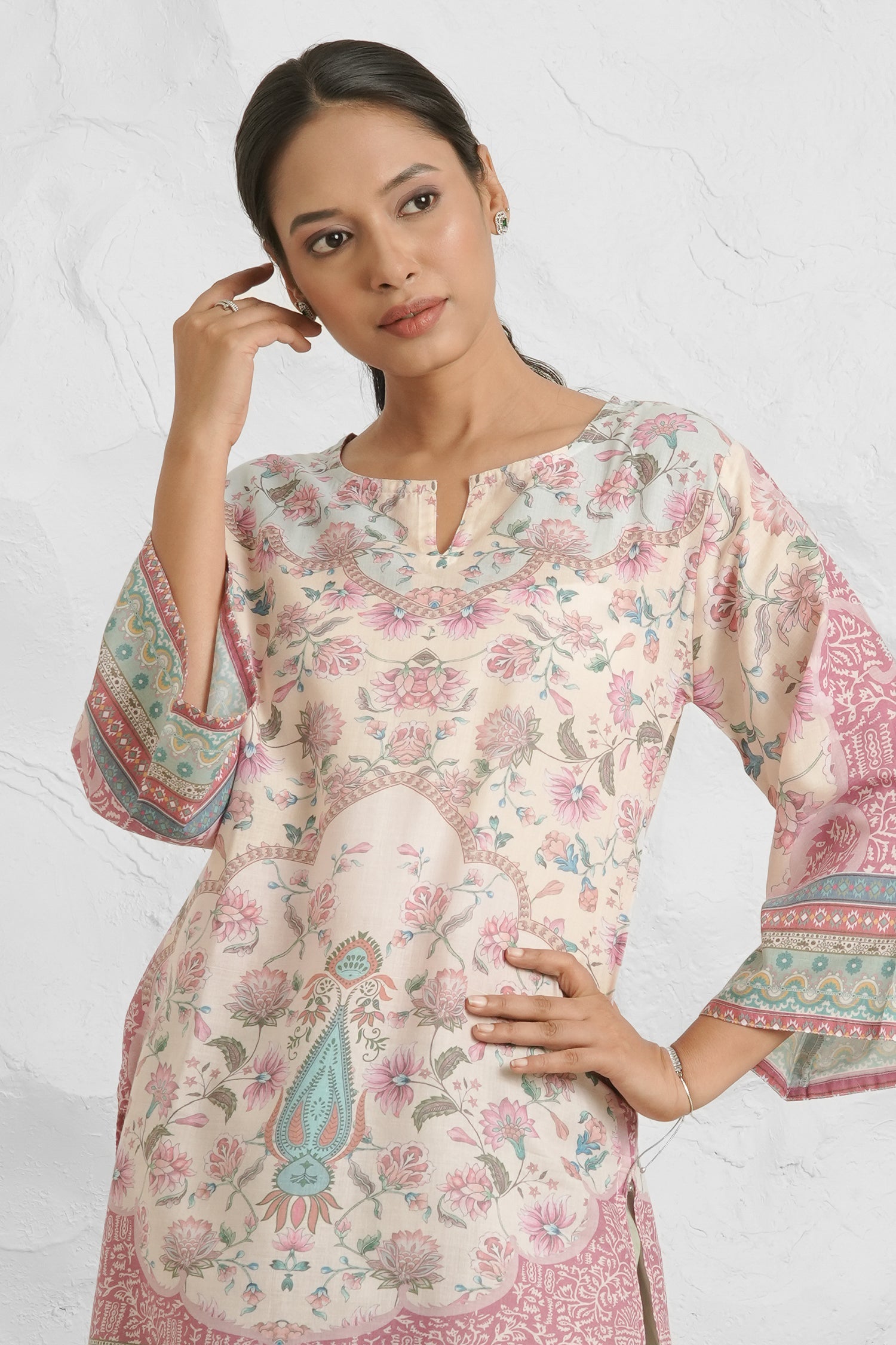 Lawn Cotton Printkari Co-ord Set – Ivory Pastel Floral with Straight Pant