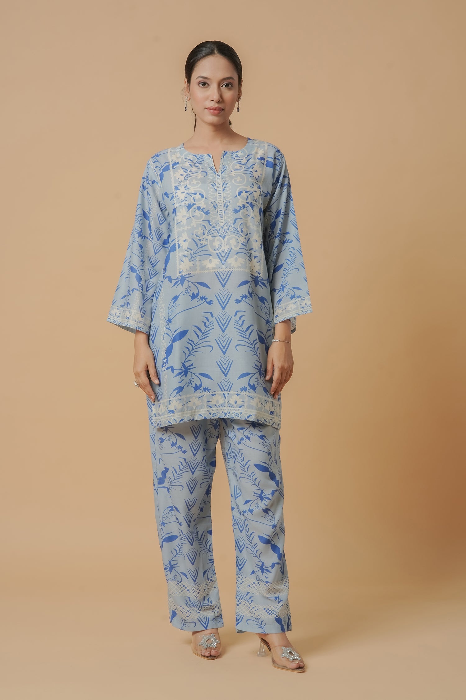 Lawn Cotton Printkari Co-ord Set – Sky Blue With Straight pant