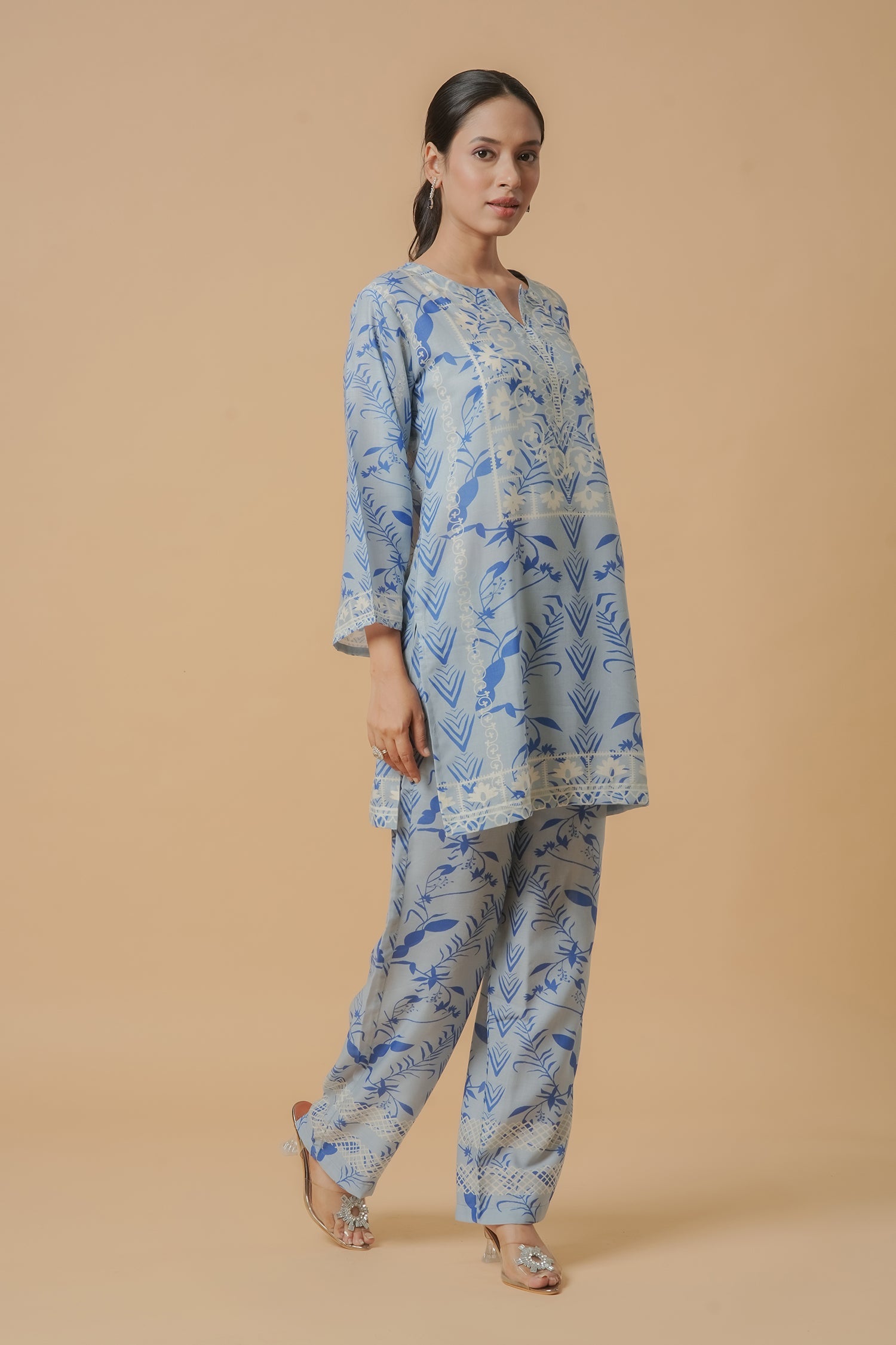 Lawn Cotton Printkari Co-ord Set – Sky Blue With Straight pant