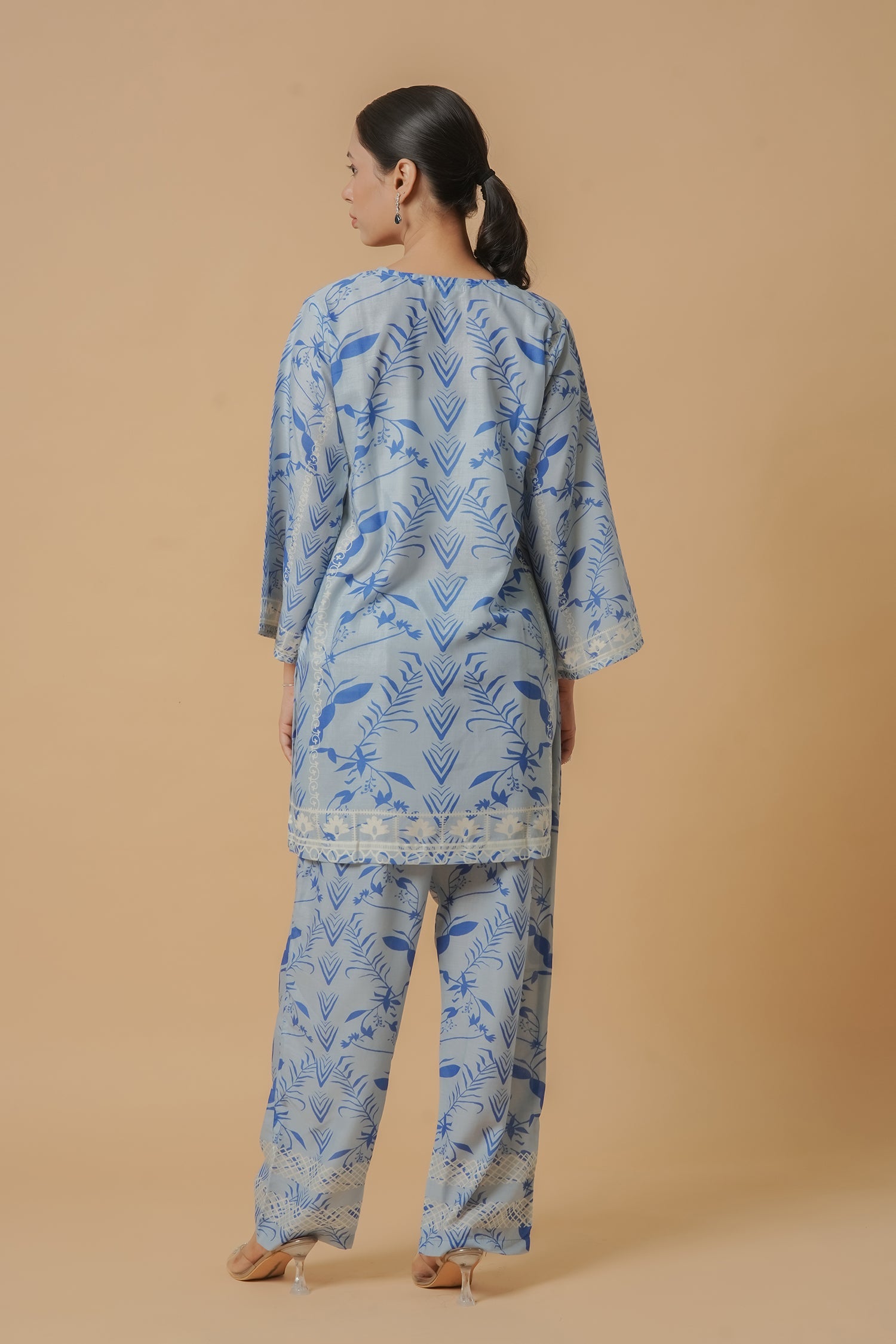 Lawn Cotton Printkari Co-ord Set – Sky Blue With Straight pant