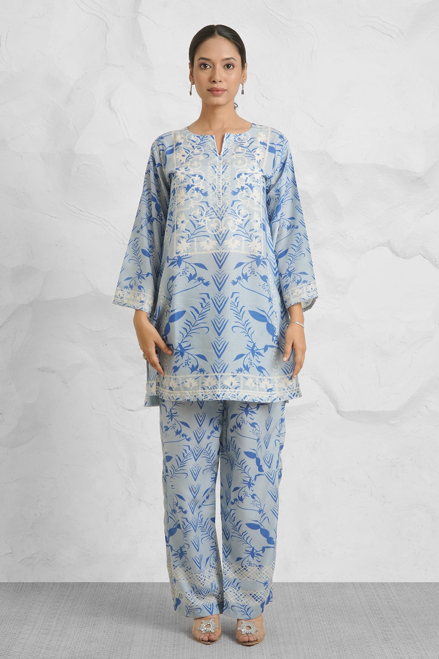 Lawn Cotton Printkari Co-ord Set – Sky Blue With Straight pant