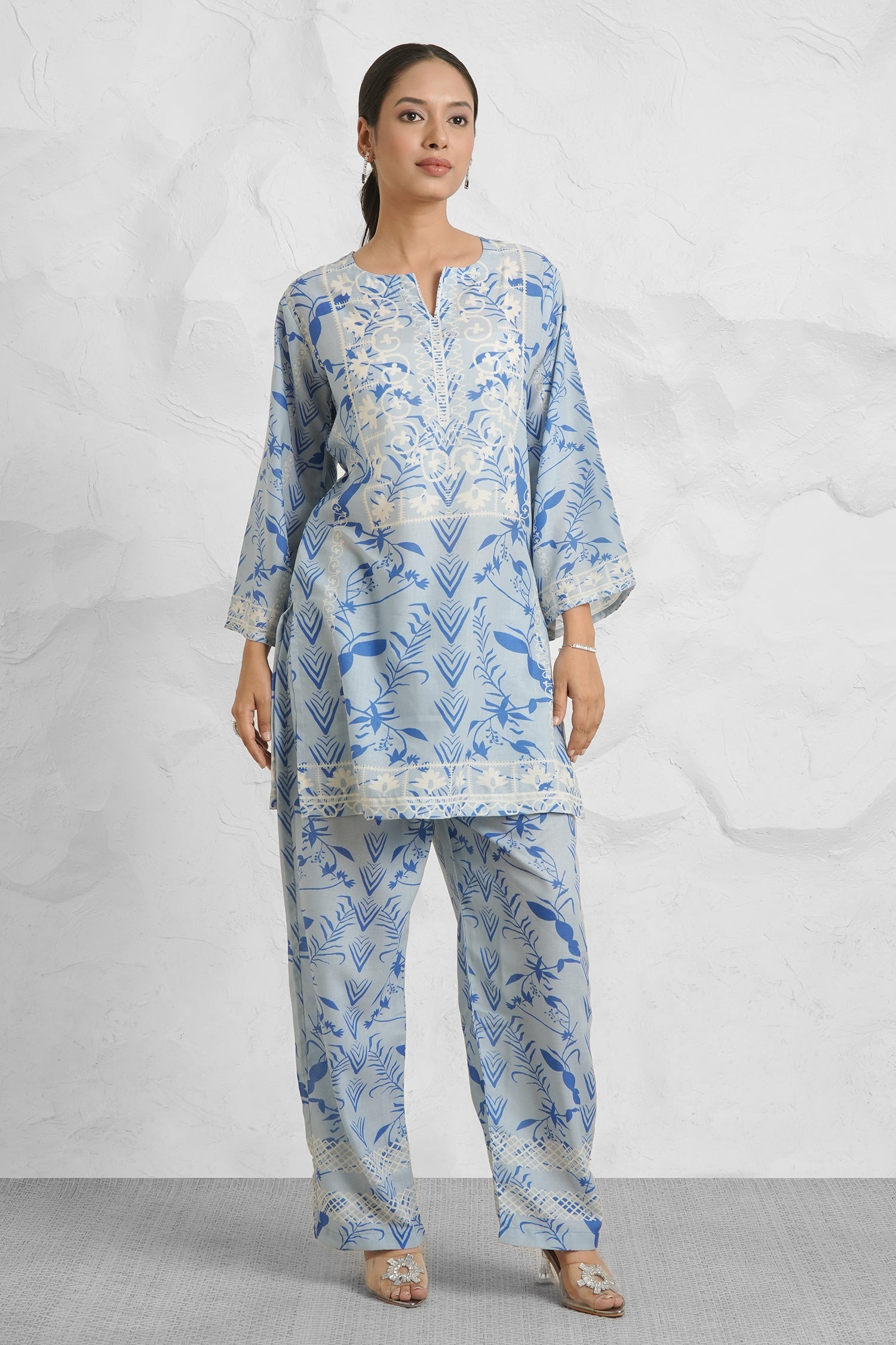 Lawn Cotton Printkari Co-ord Set – Sky Blue With Straight pant