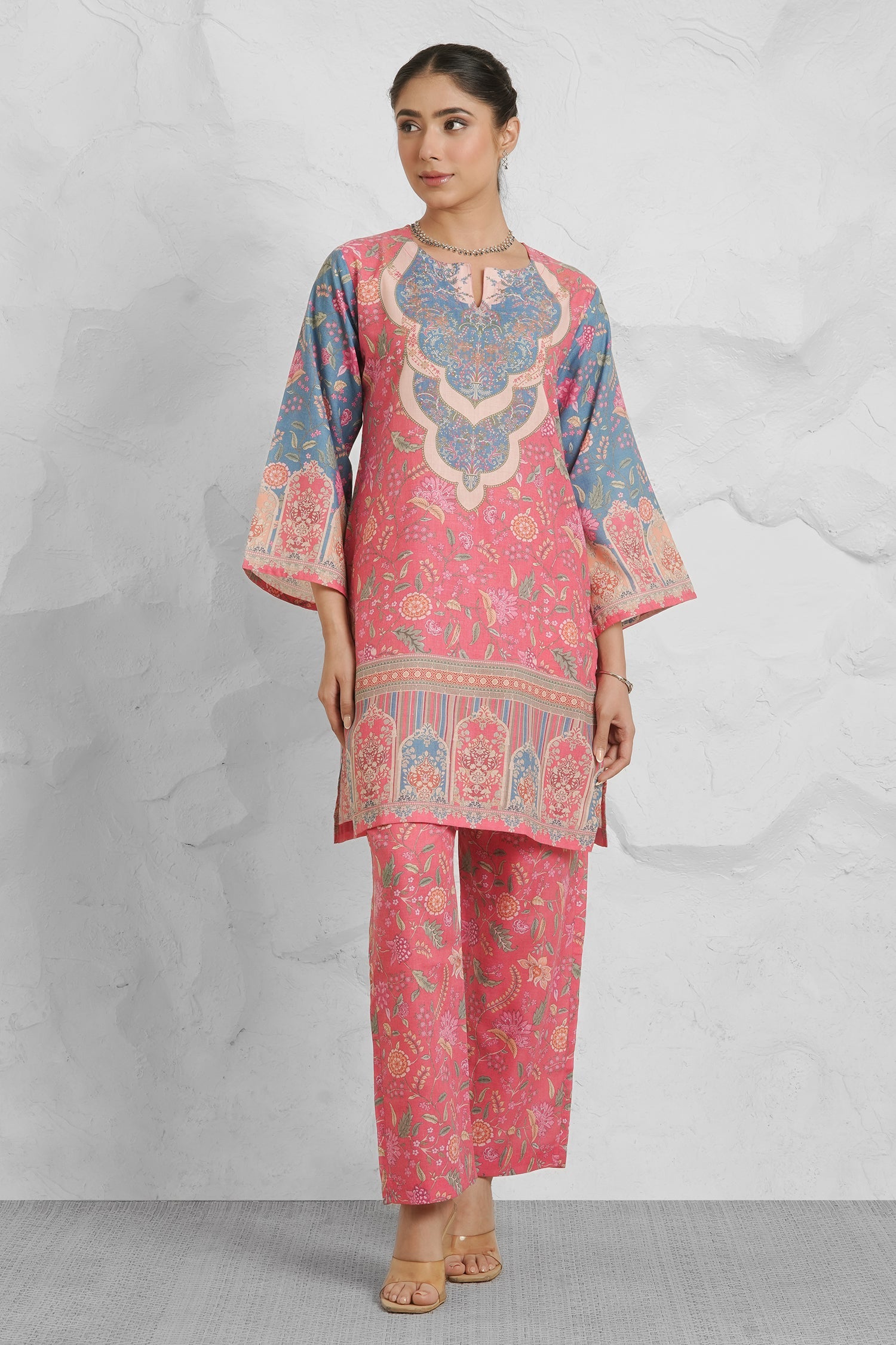 Lawn Cotton Printkari Co-ord Set – Pink Blue With Straight pant