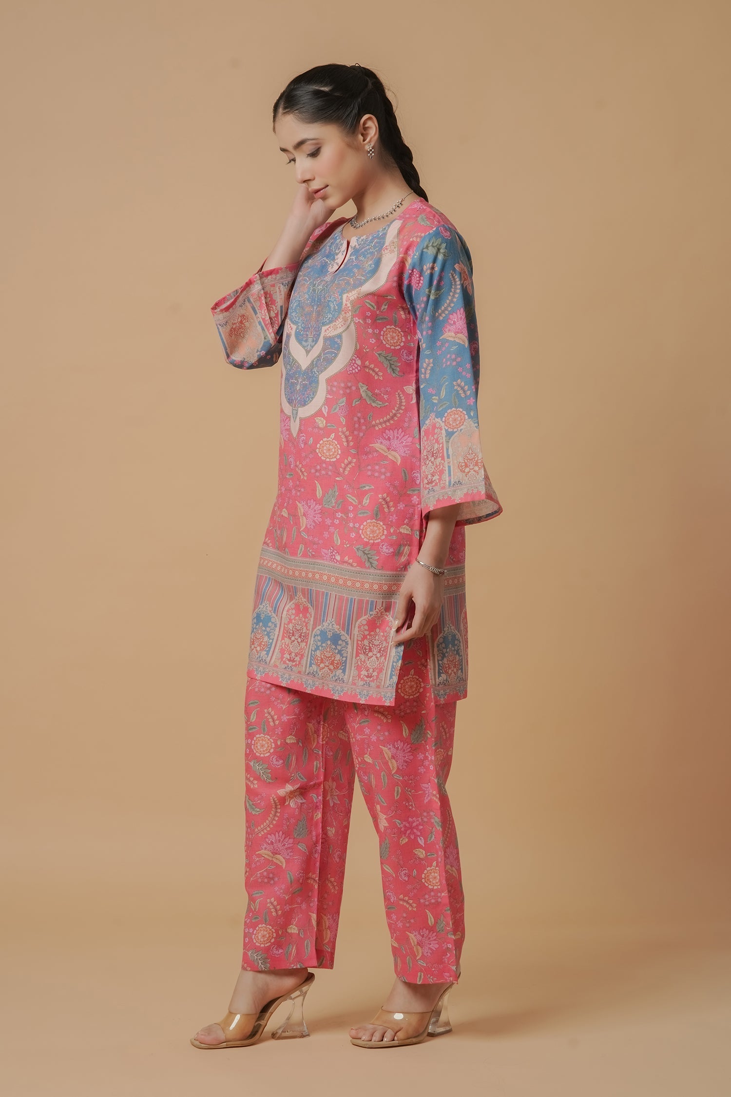 Lawn Cotton Printkari Co-ord Set – Pink Blue With Straight pant