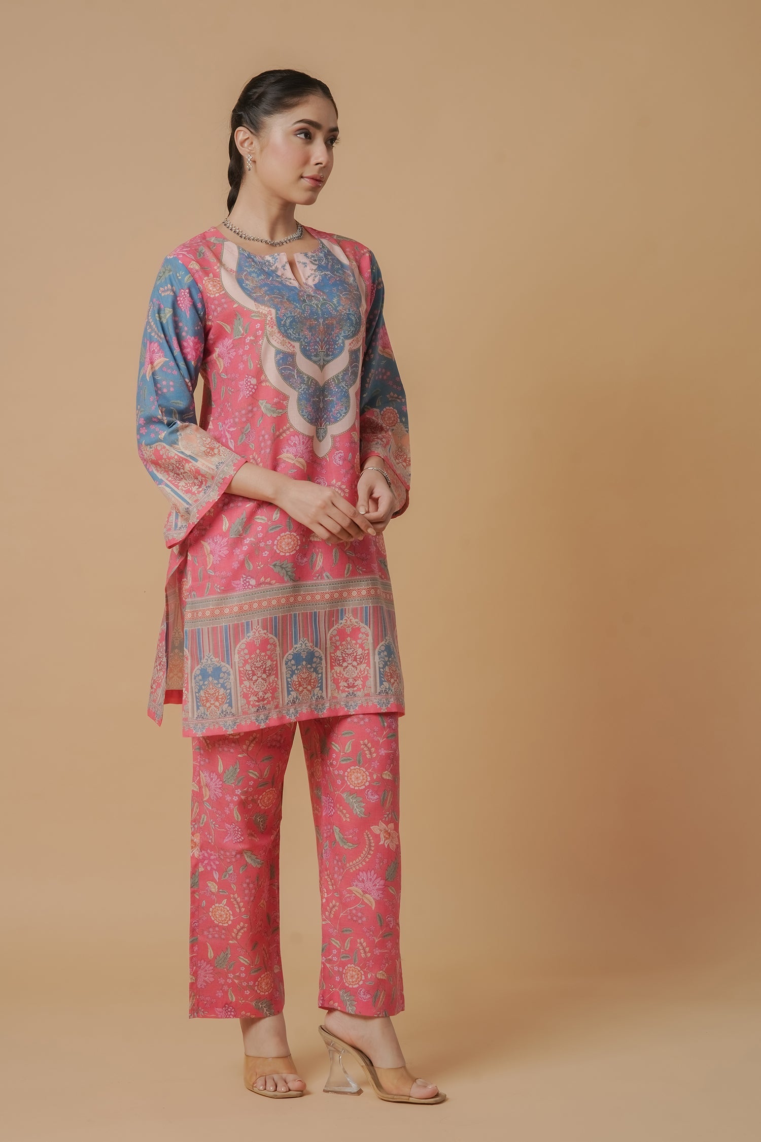 Lawn Cotton Printkari Co-ord Set – Pink Blue With Straight pant