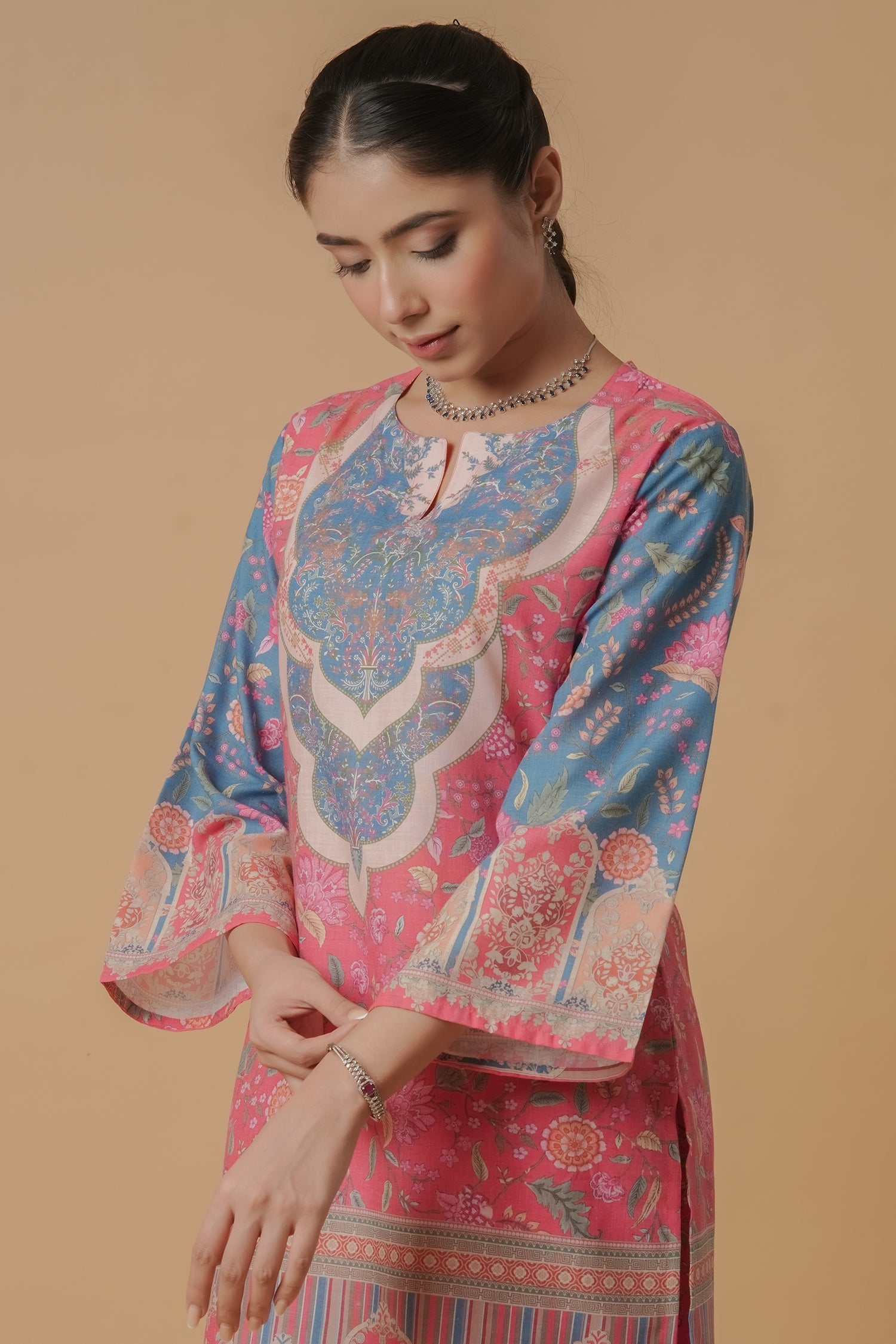 Lawn Cotton Printkari Co-ord Set – Pink Blue With Straight pant