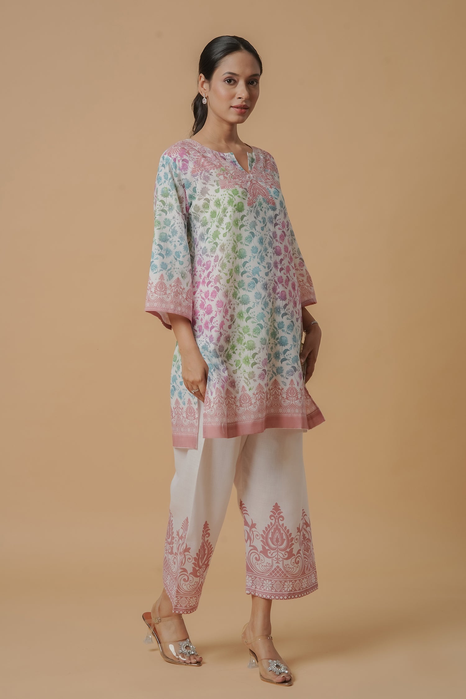 Shivani in Lawn Cotton Printkari Co-ord Set – White Multicolor With Straight pant