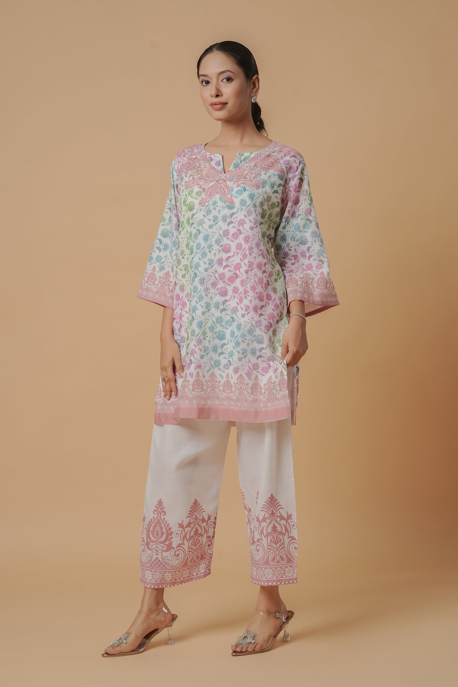 Shivani in Lawn Cotton Printkari Co-ord Set – White Multicolor With Straight pant