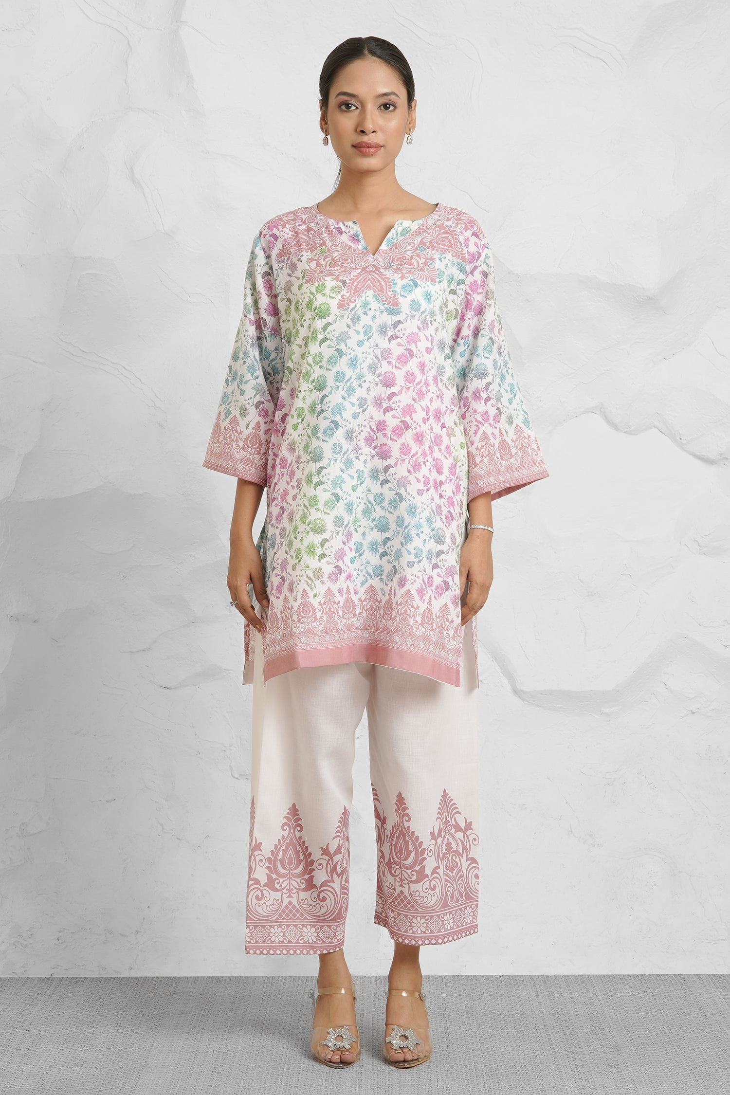 Lawn Cotton Printkari Co-ord Set – White Multicolor With Straight pant