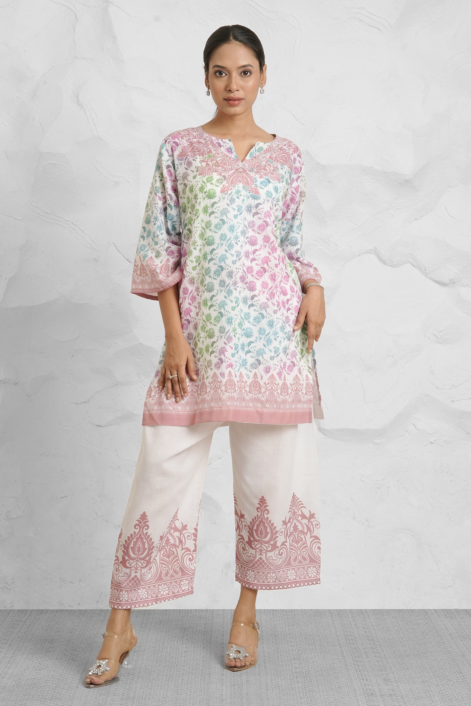 Lawn Cotton Printkari Co-ord Set – White Multicolor With Straight pant