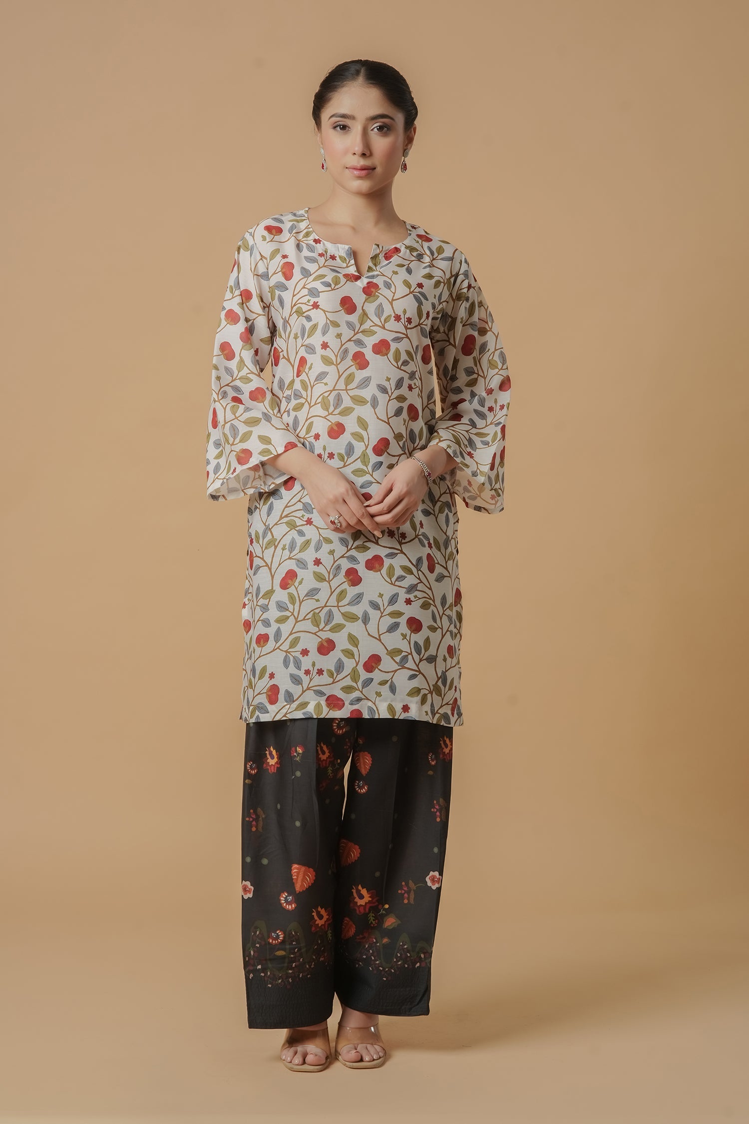 Lawn Cotton Printkari Co-ord Set – Cream Black with Farsi Pant