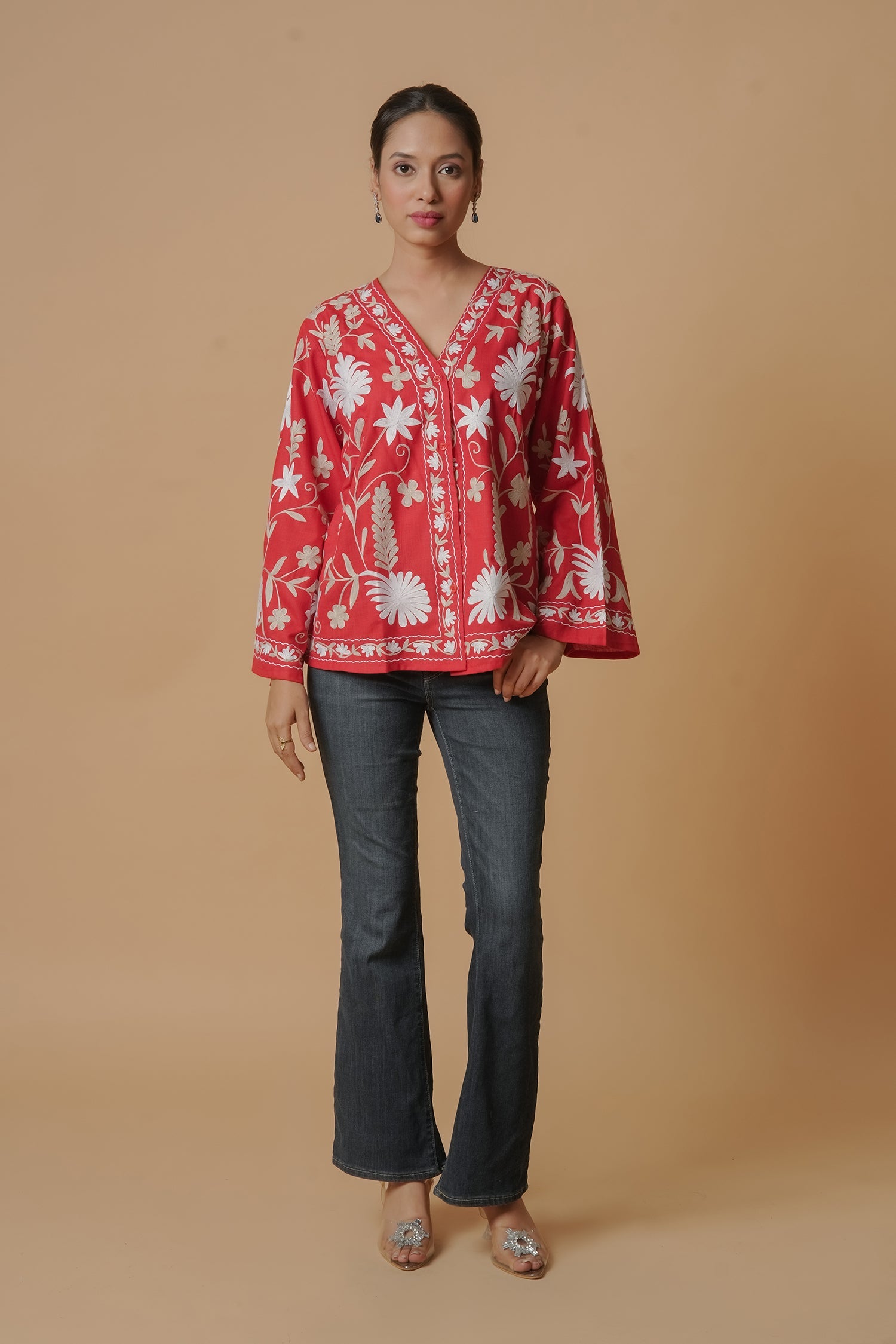 Kashmiri Jacket With Aari Work Cotton – Red