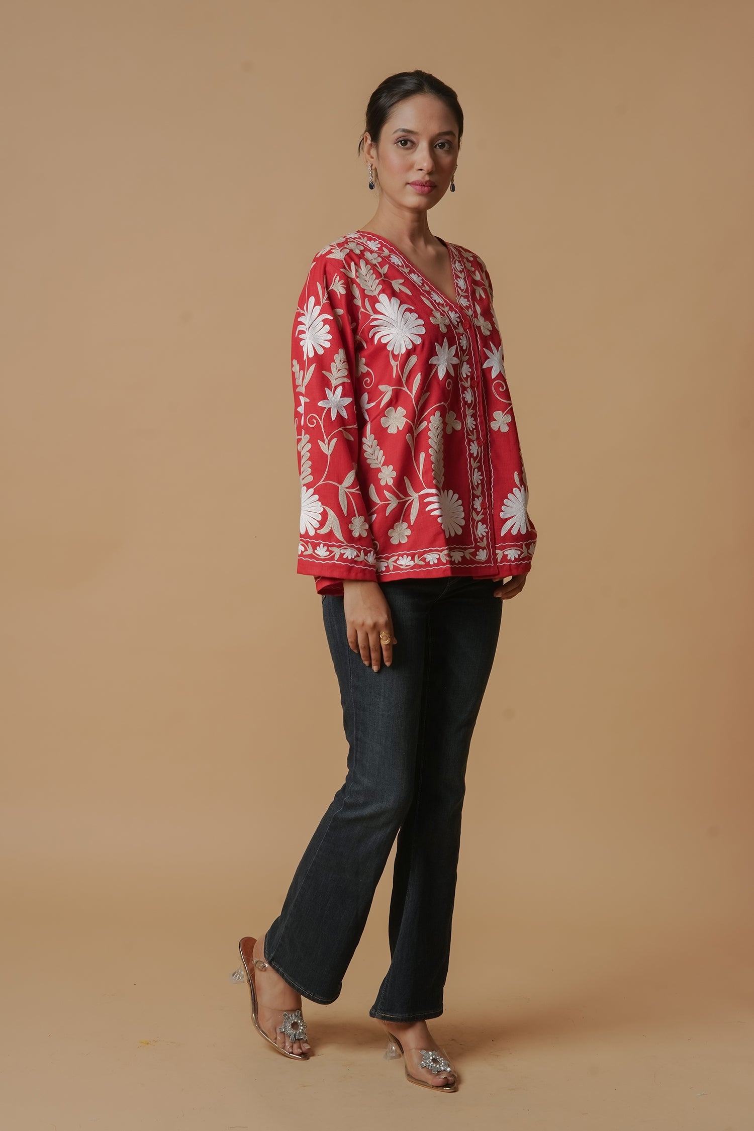 Kashmiri Jacket With Aari Work Cotton – Red