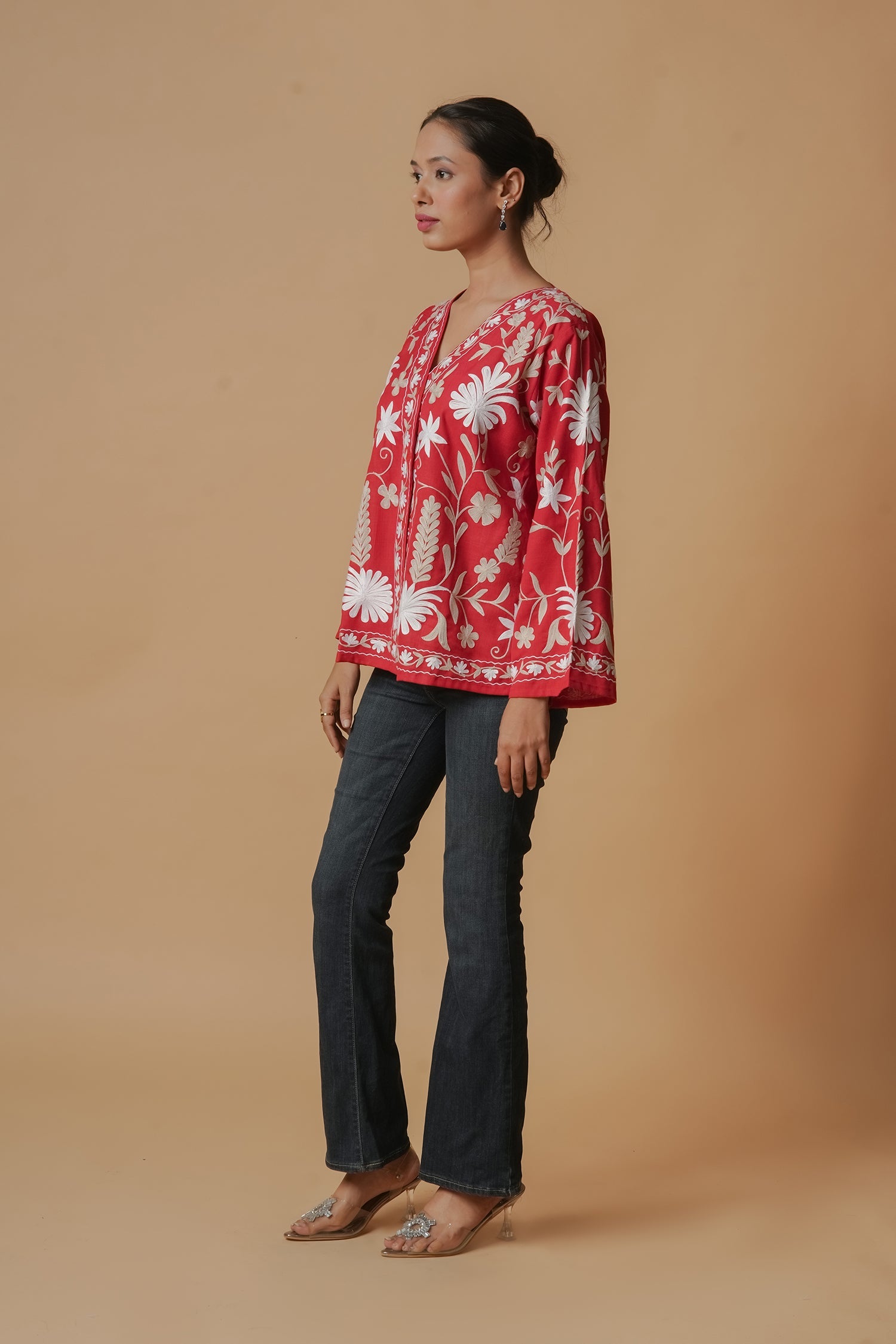 Kashmiri Jacket With Aari Work Cotton – Red