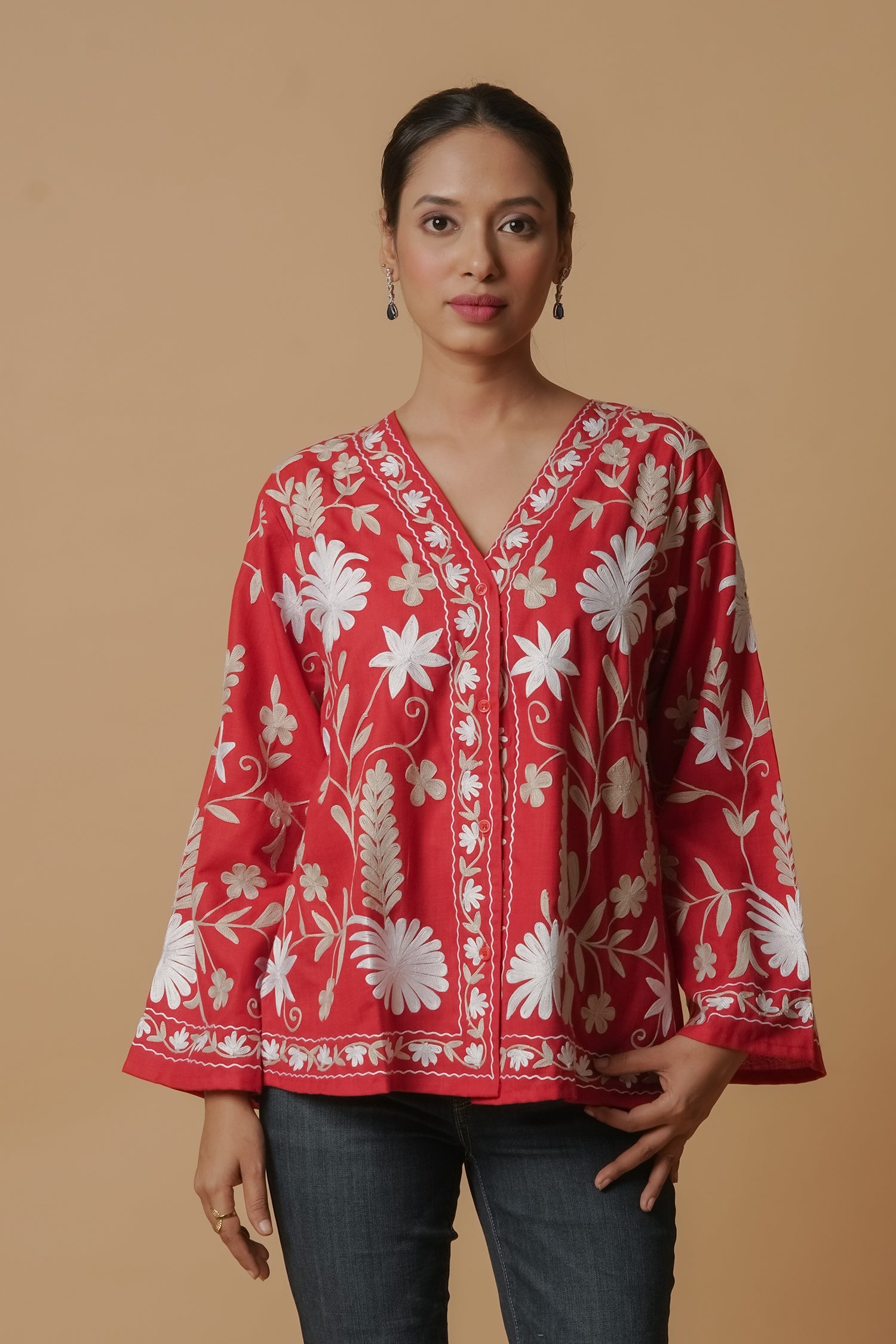 Kashmiri Jacket With Aari Work Cotton – Red