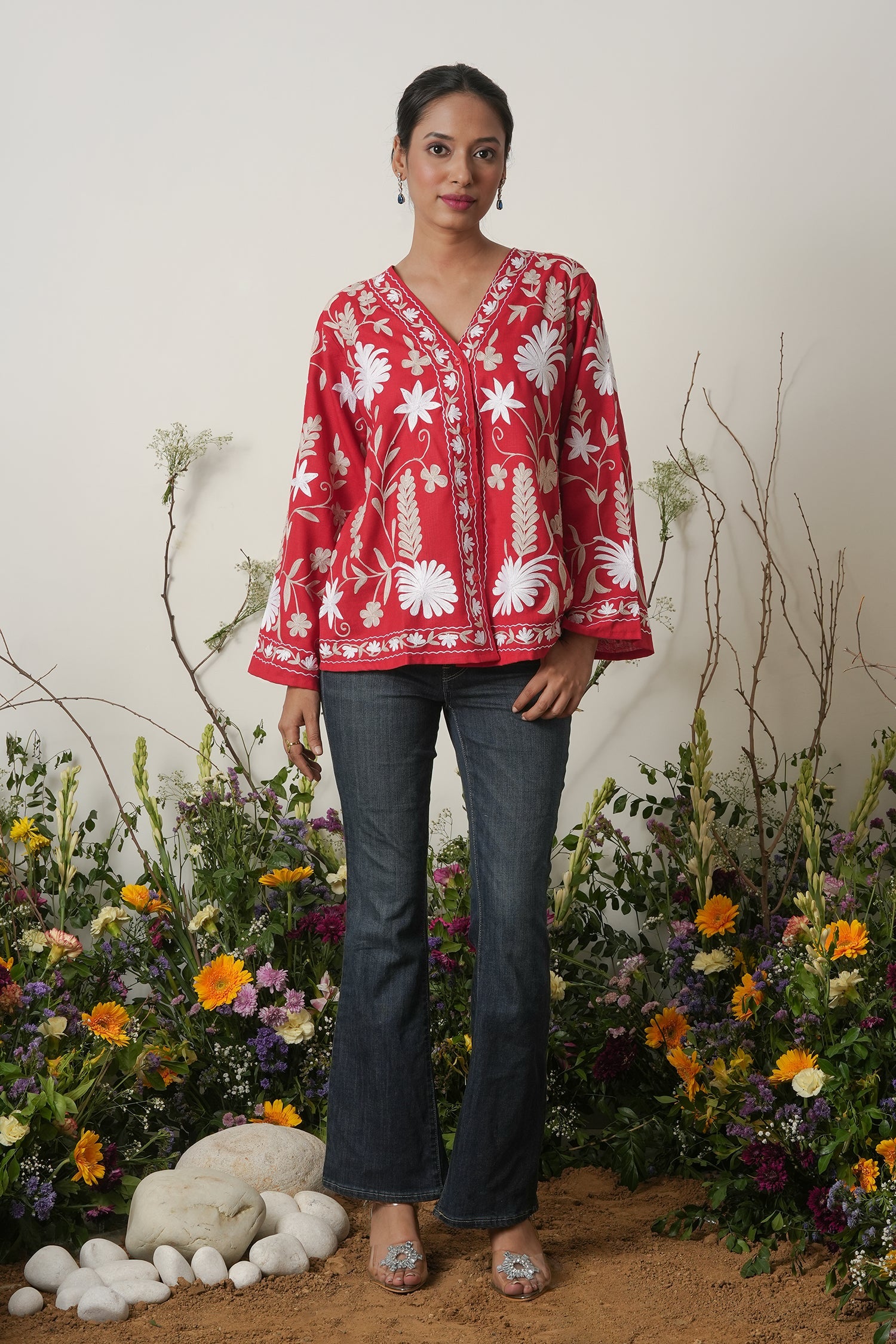 Kashmiri Jacket With Aari Work Cotton – Red