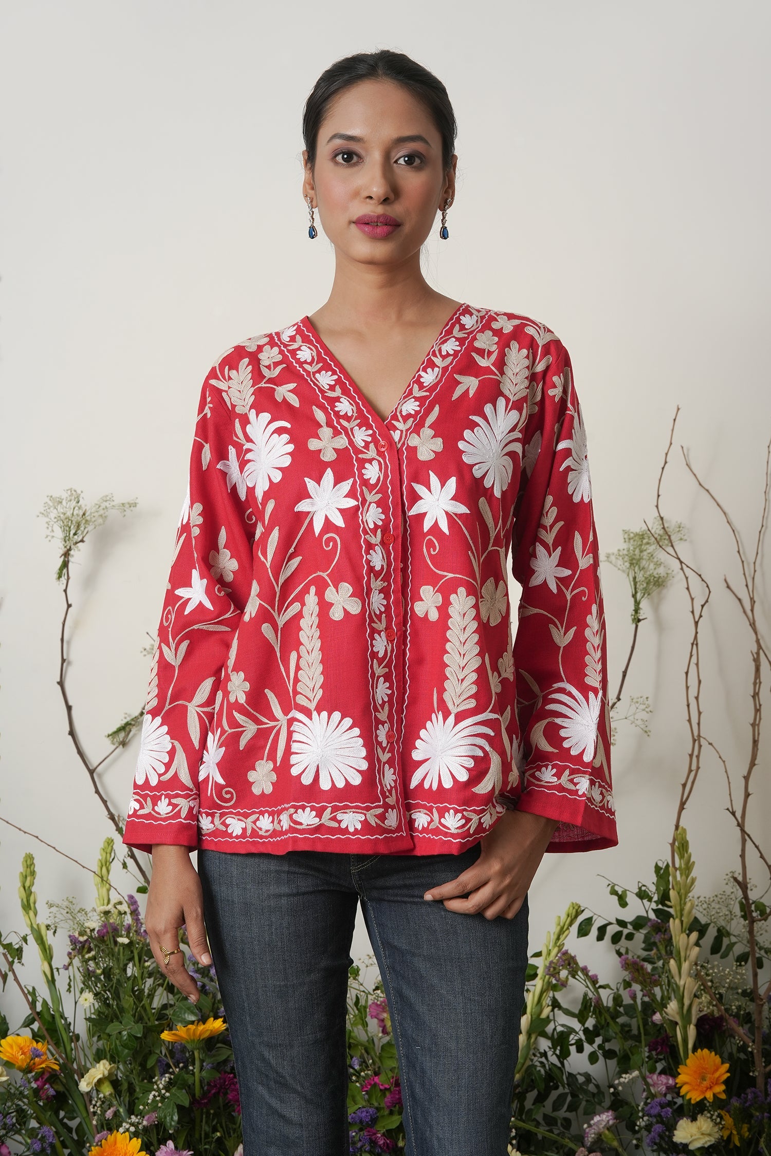 Kashmiri Jacket With Aari Work Cotton – Red