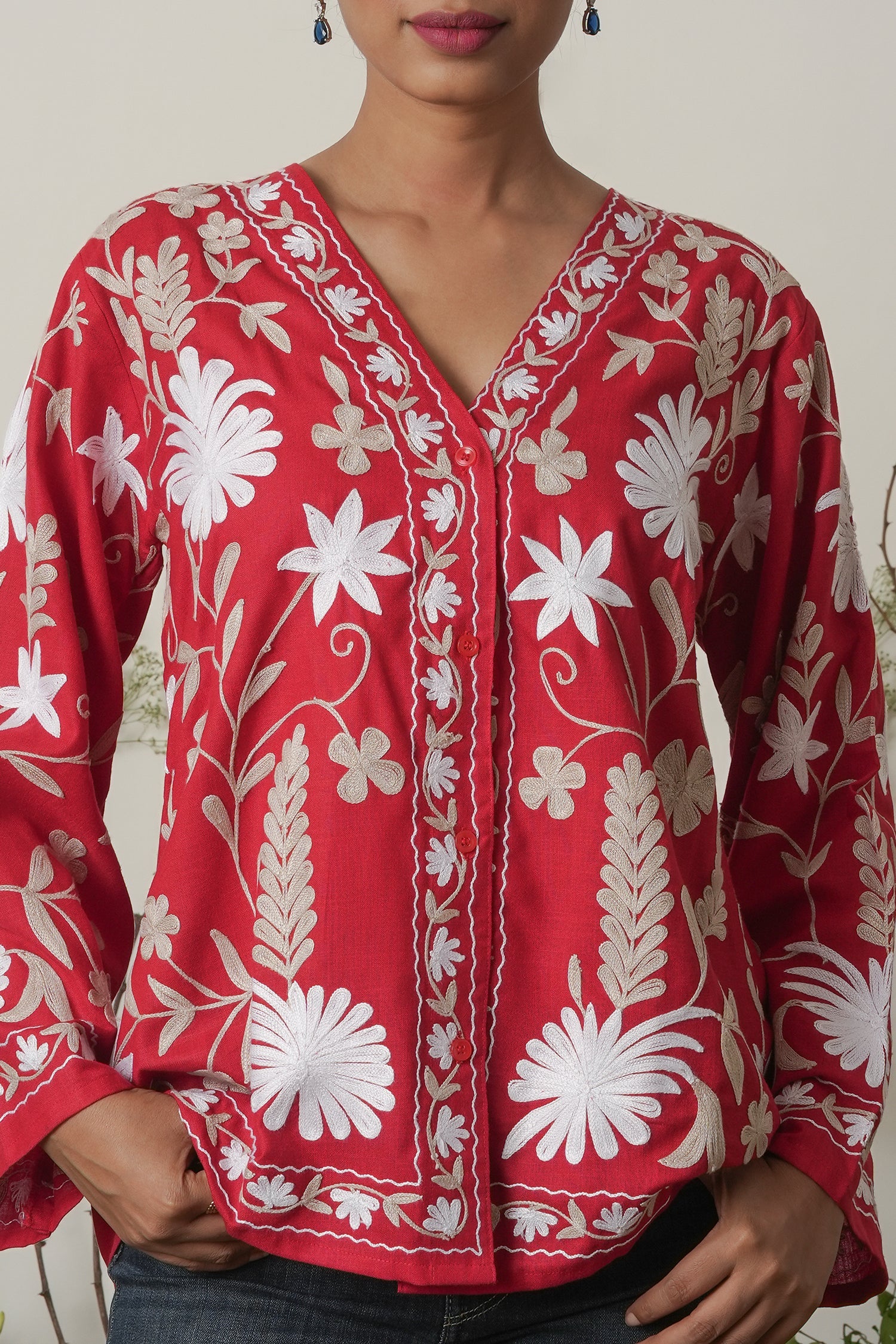 Kashmiri Jacket With Aari Work Cotton – Red