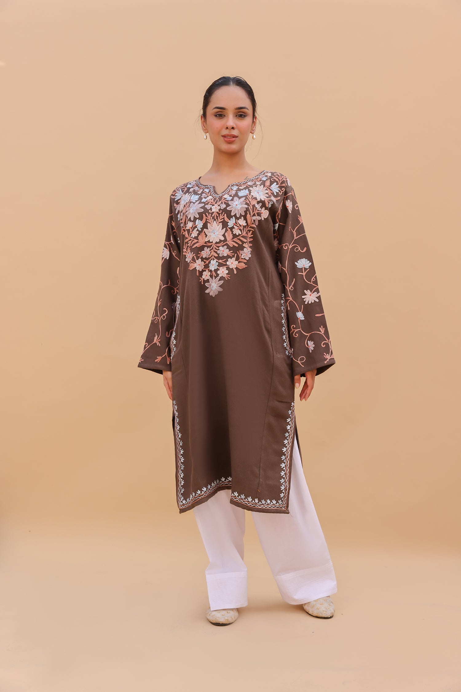 Woolen Phiran in Kashmiri Aari Embroidery - Beige