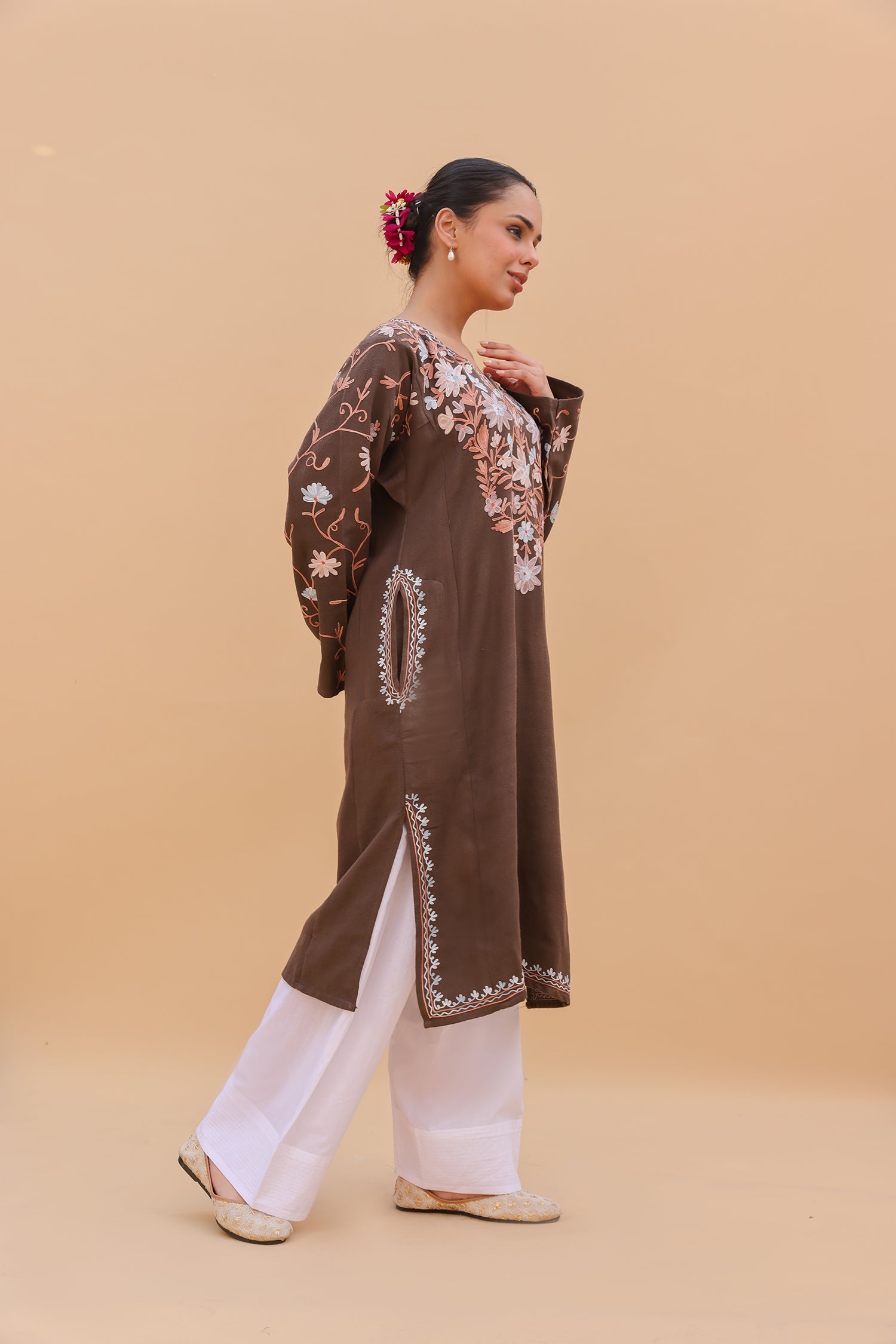 Woolen Phiran in Kashmiri Aari Embroidery - Beige