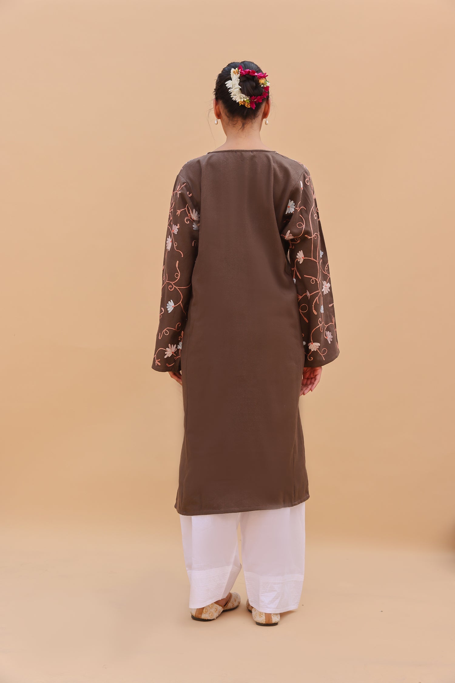 Woolen Phiran in Kashmiri Aari Embroidery - Beige