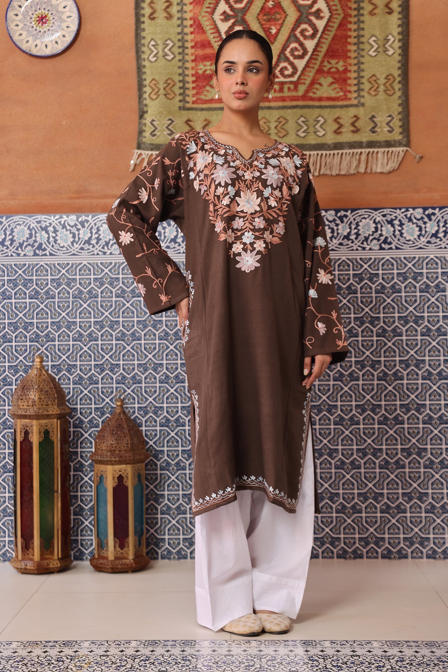 Woolen Phiran in Kashmiri Aari Embroidery - Beige