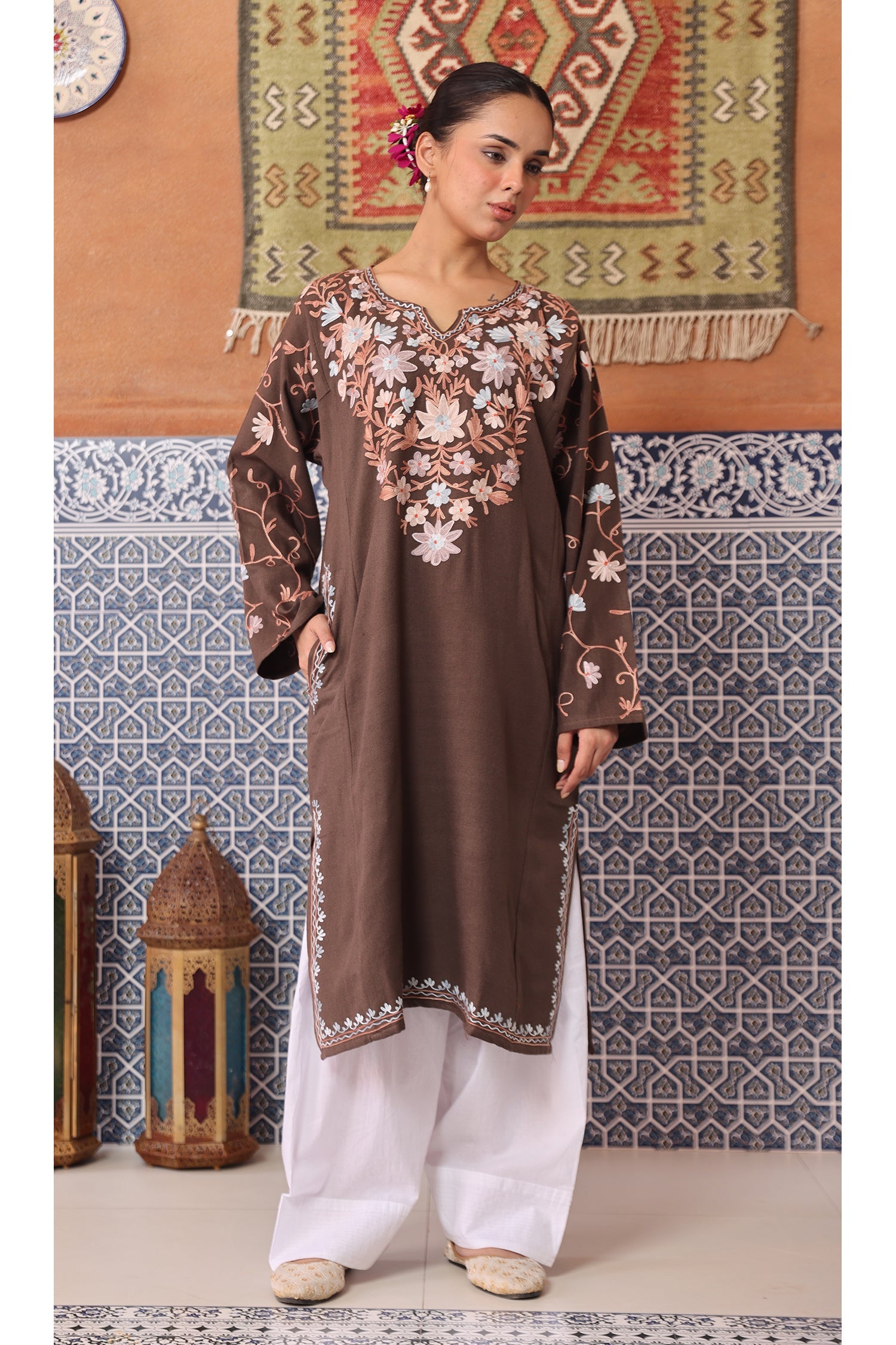 Woolen Phiran in Kashmiri Aari Embroidery - Beige