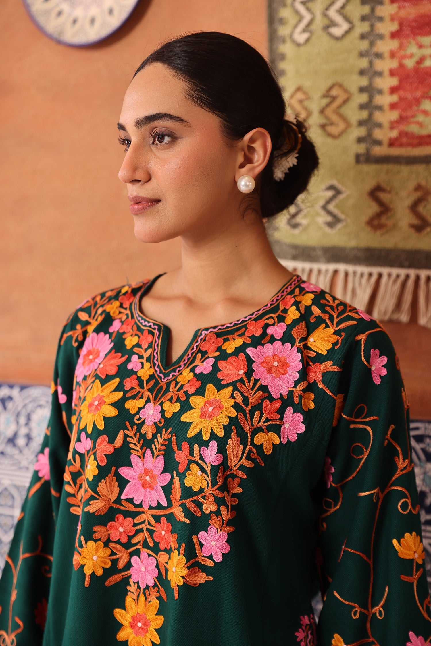 Woolen Phiran in Kashmiri Aari Embroidery - Green