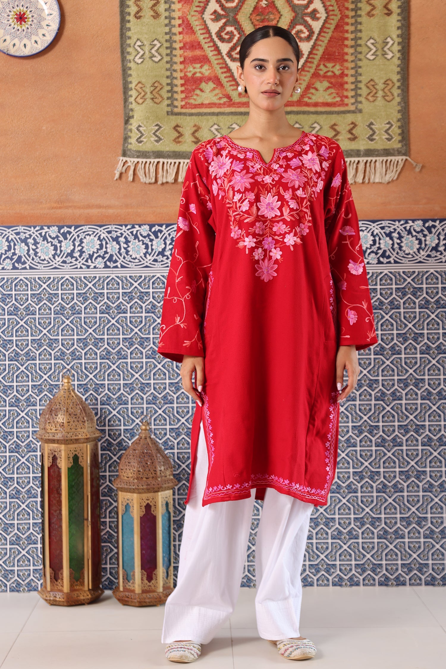 Woolen Phiran in Kashmiri Aari Embroidery - Red