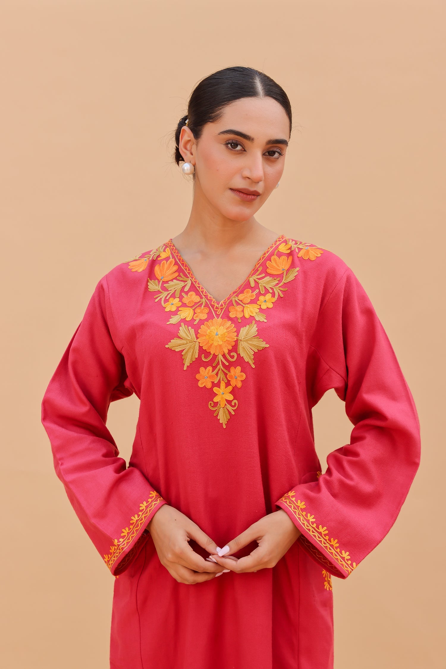 Woolen Phiran in Kashmiri Aari Embroidery - Red