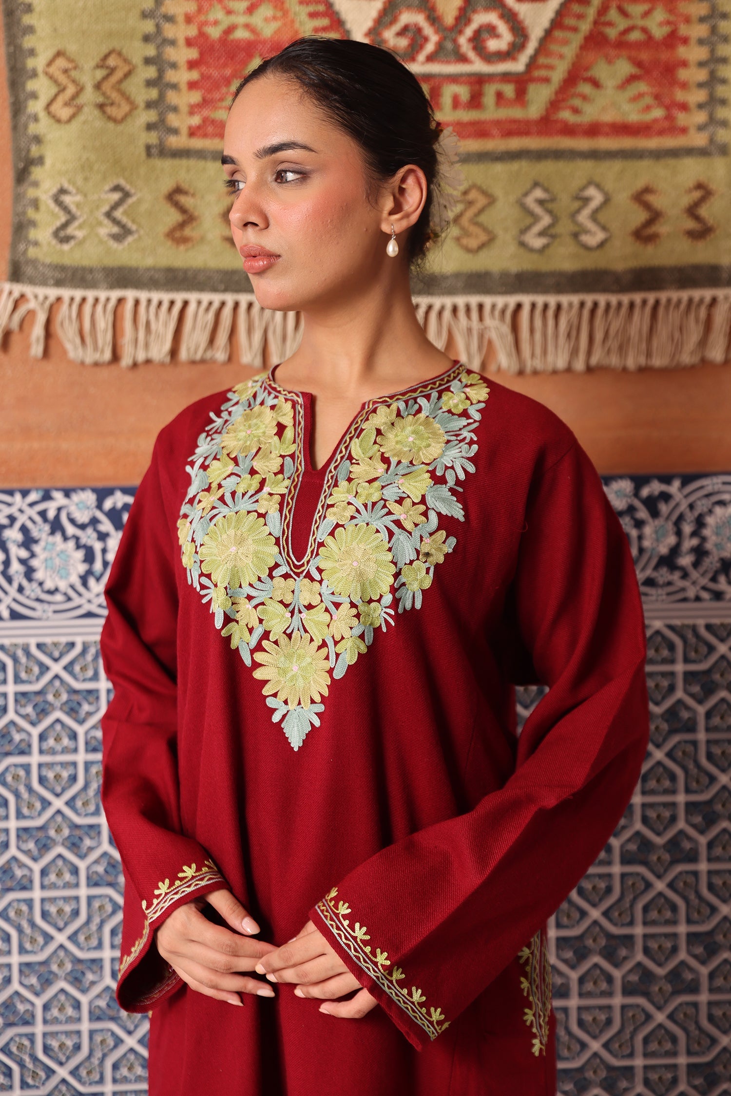 Woolen Phiran in Kashmiri Aari Embroidery - Maroon