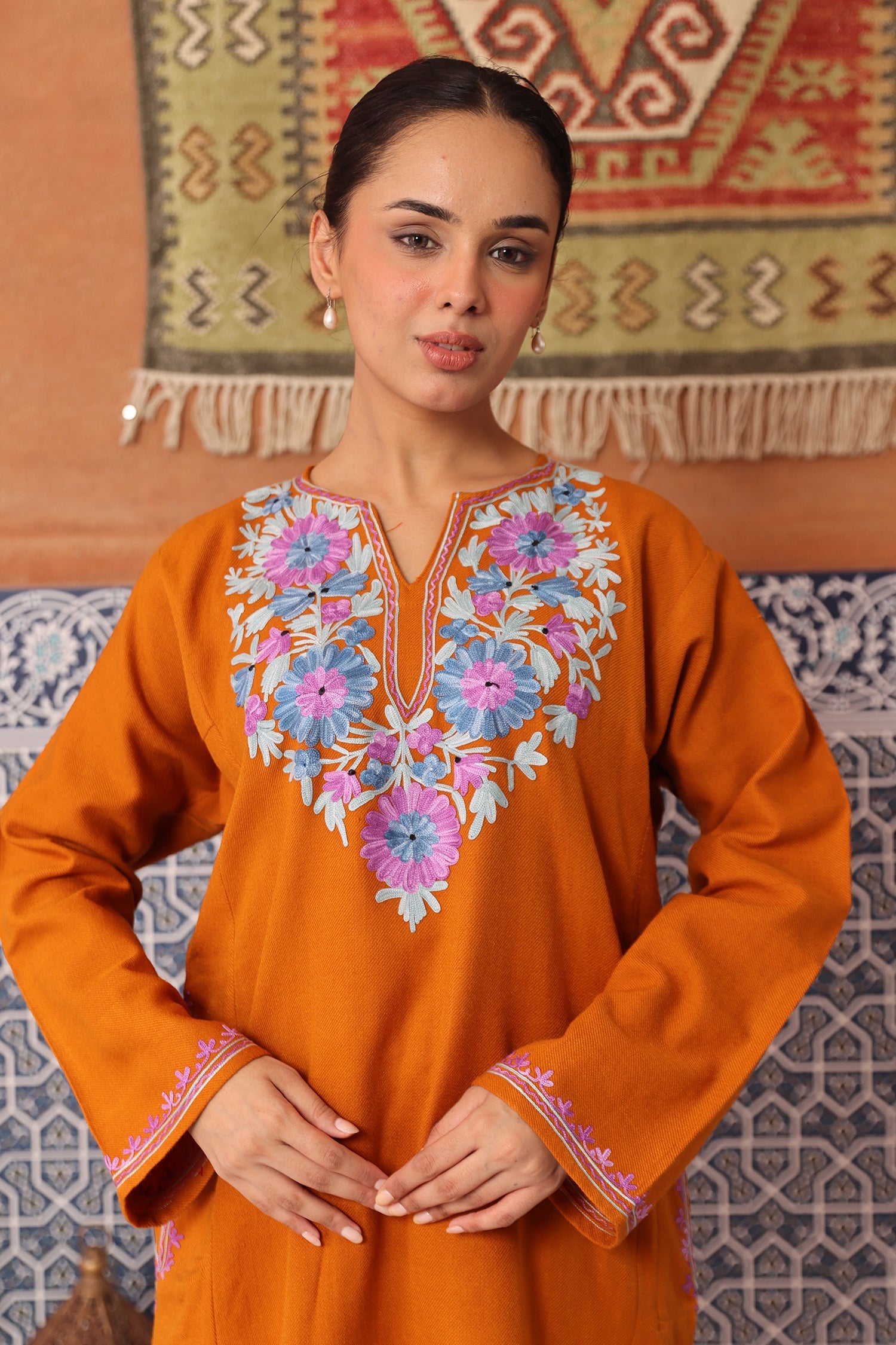 Woolen Phiran in Kashmiri Aari Embroidery - Orange