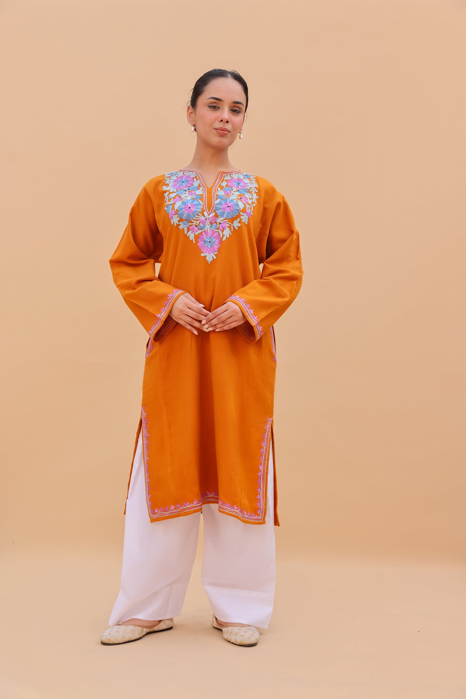 Woolen Phiran in Kashmiri Aari Embroidery - Orange