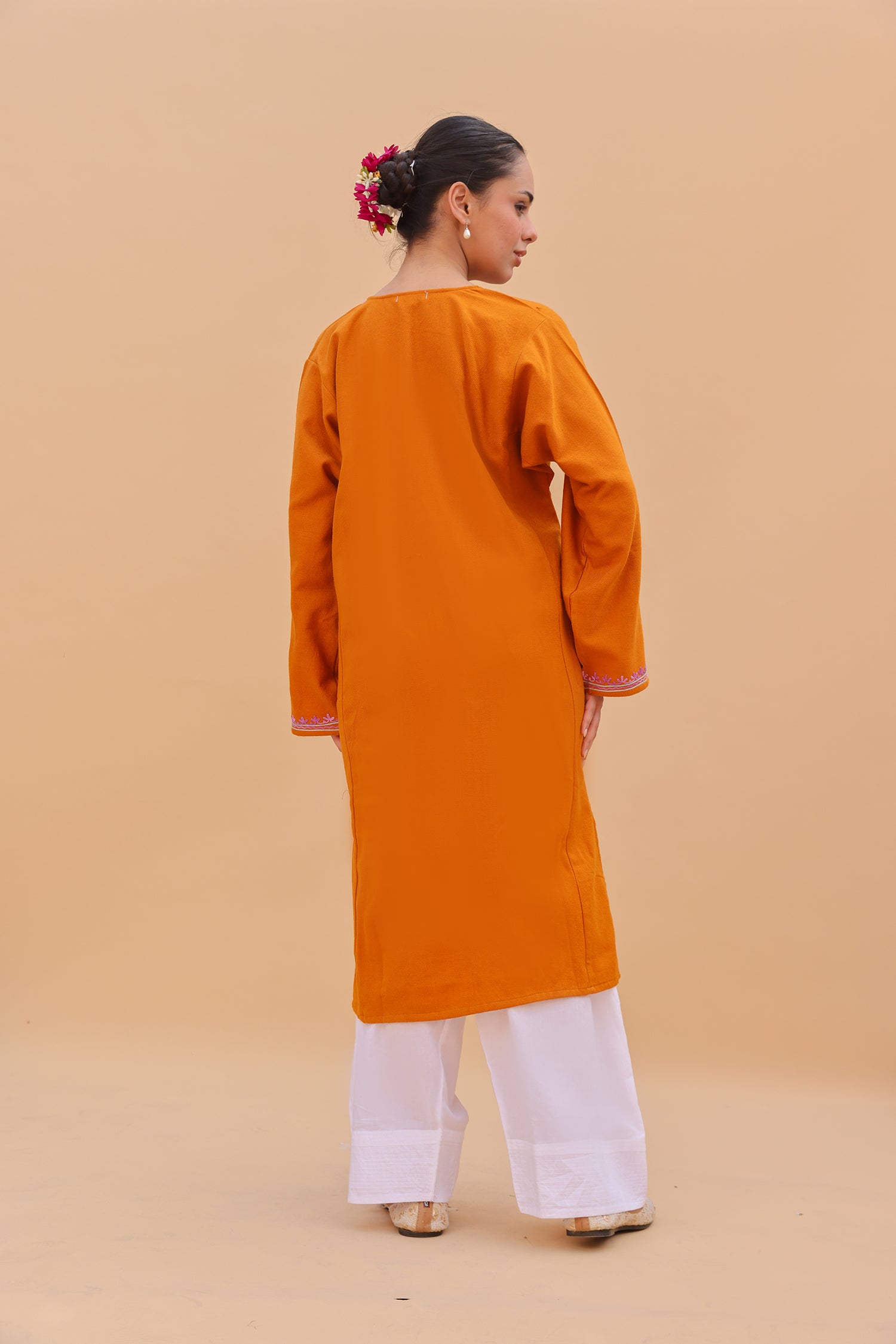 Woolen Phiran in Kashmiri Aari Embroidery - Orange