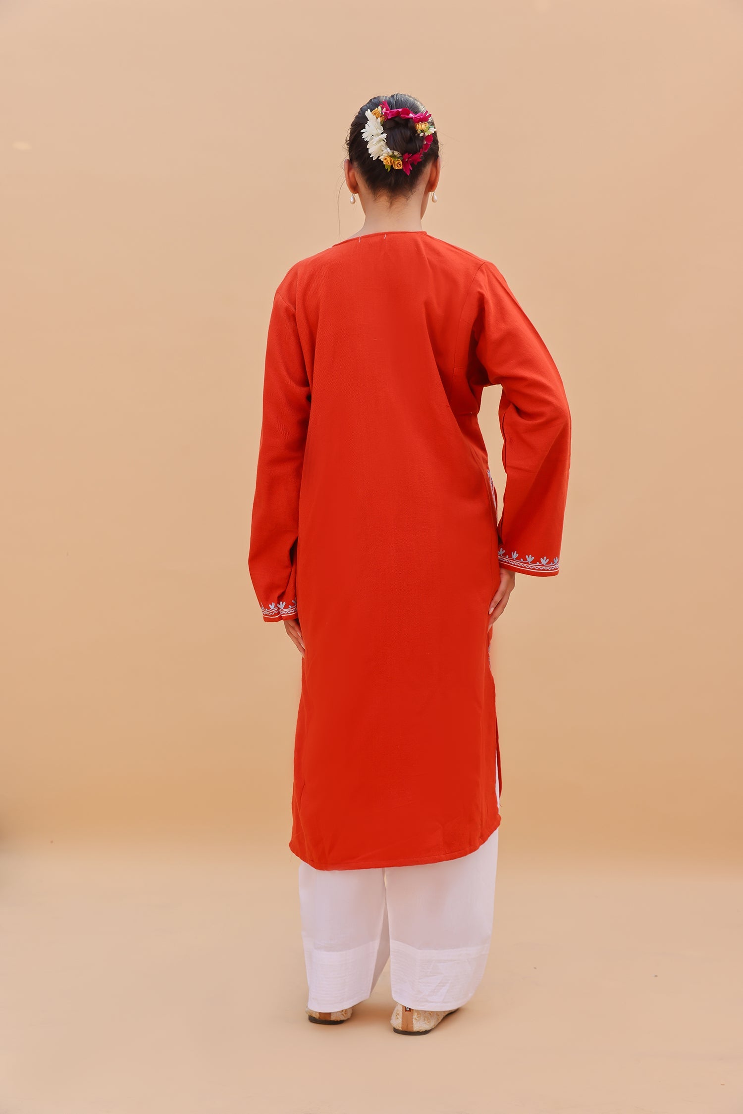 Woolen Phiran in Kashmiri Aari Embroidery - Red