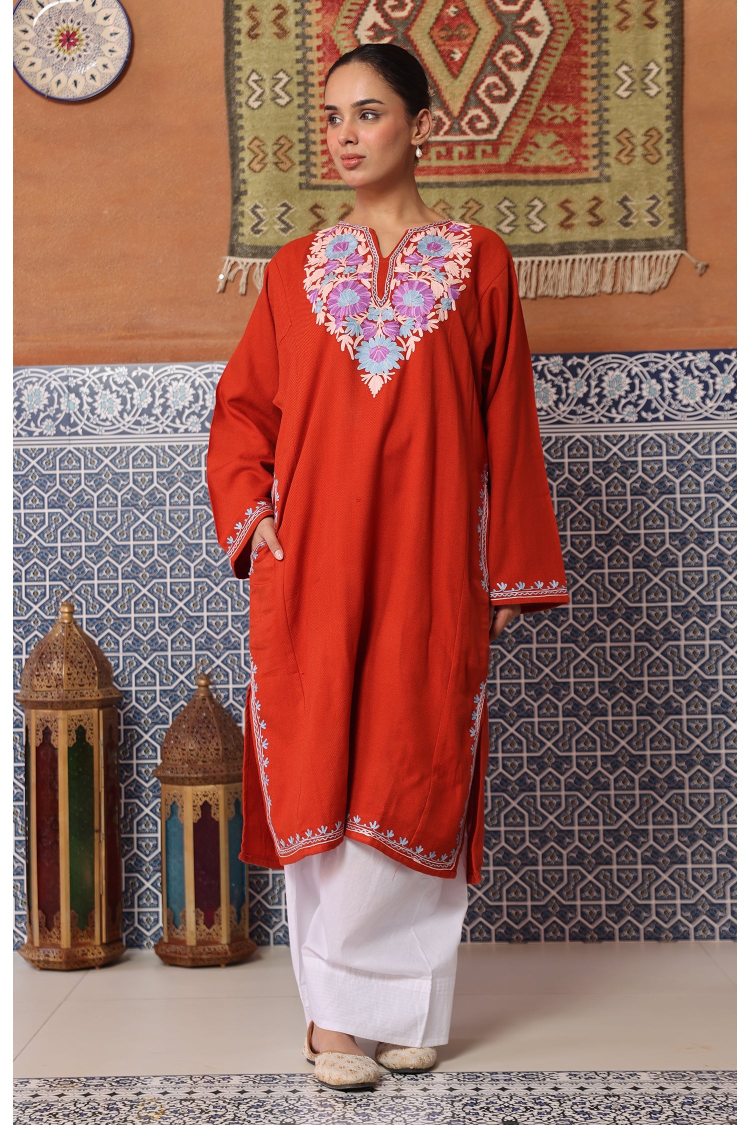 Woolen Phiran in Kashmiri Aari Embroidery - Red