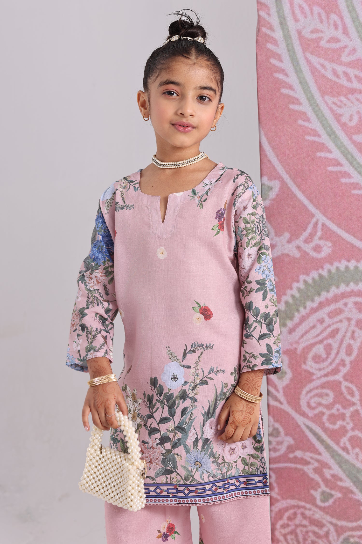 Kids Blush Pink Floral Printed Lawn Cotton Co-ord Set